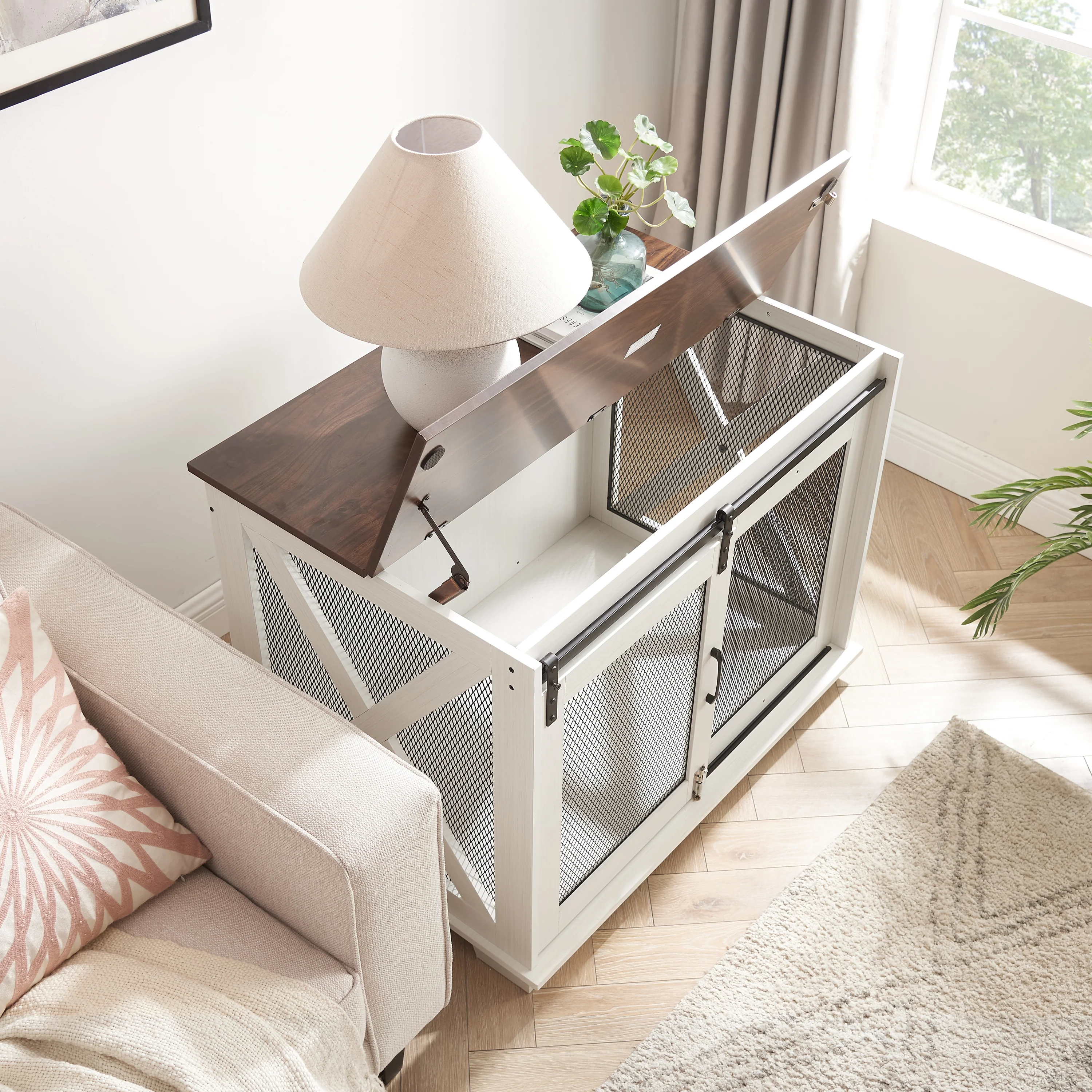 Beaufort 37-Inch Farmhouse Dog Crate with Sliding Barn Door and Flip-Top Interaction Panel - Image 23