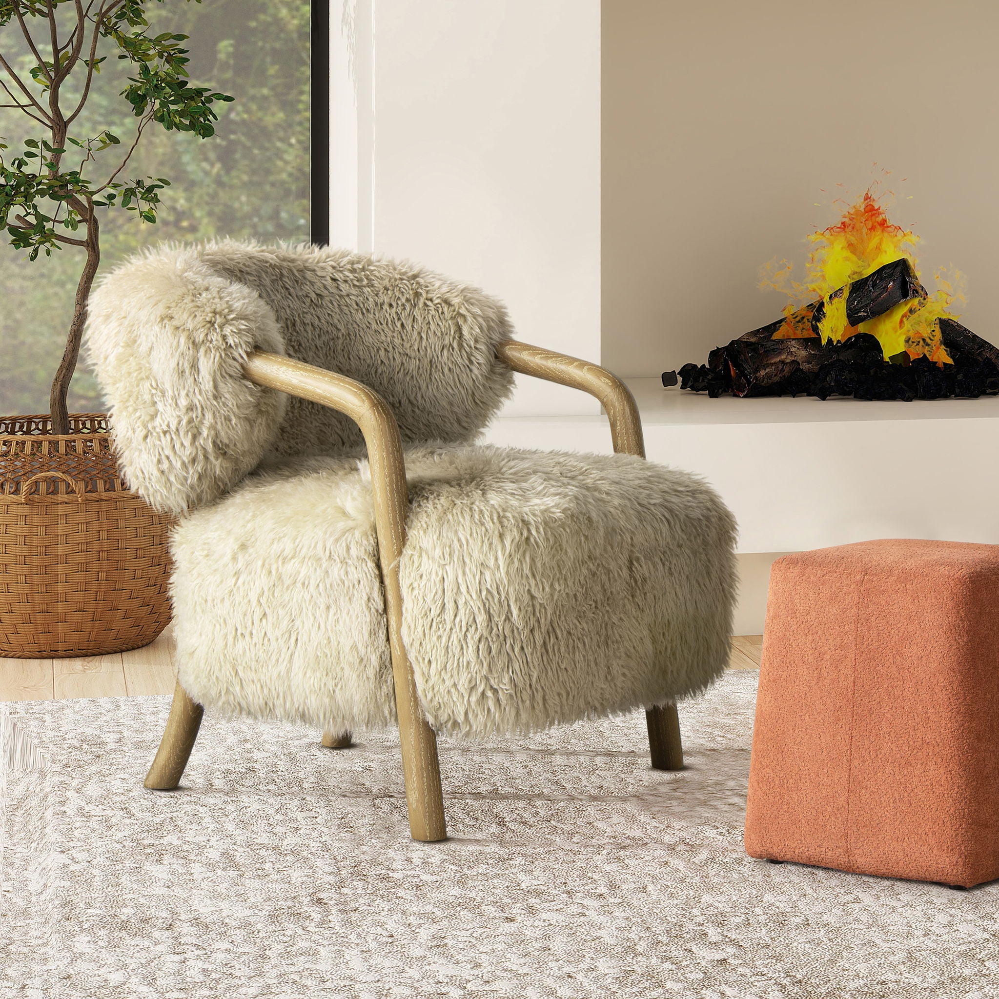 Becker - Rustic Oak Sheepskin Upholstered Accent Arm Chair - Taupe Beige - Image 8