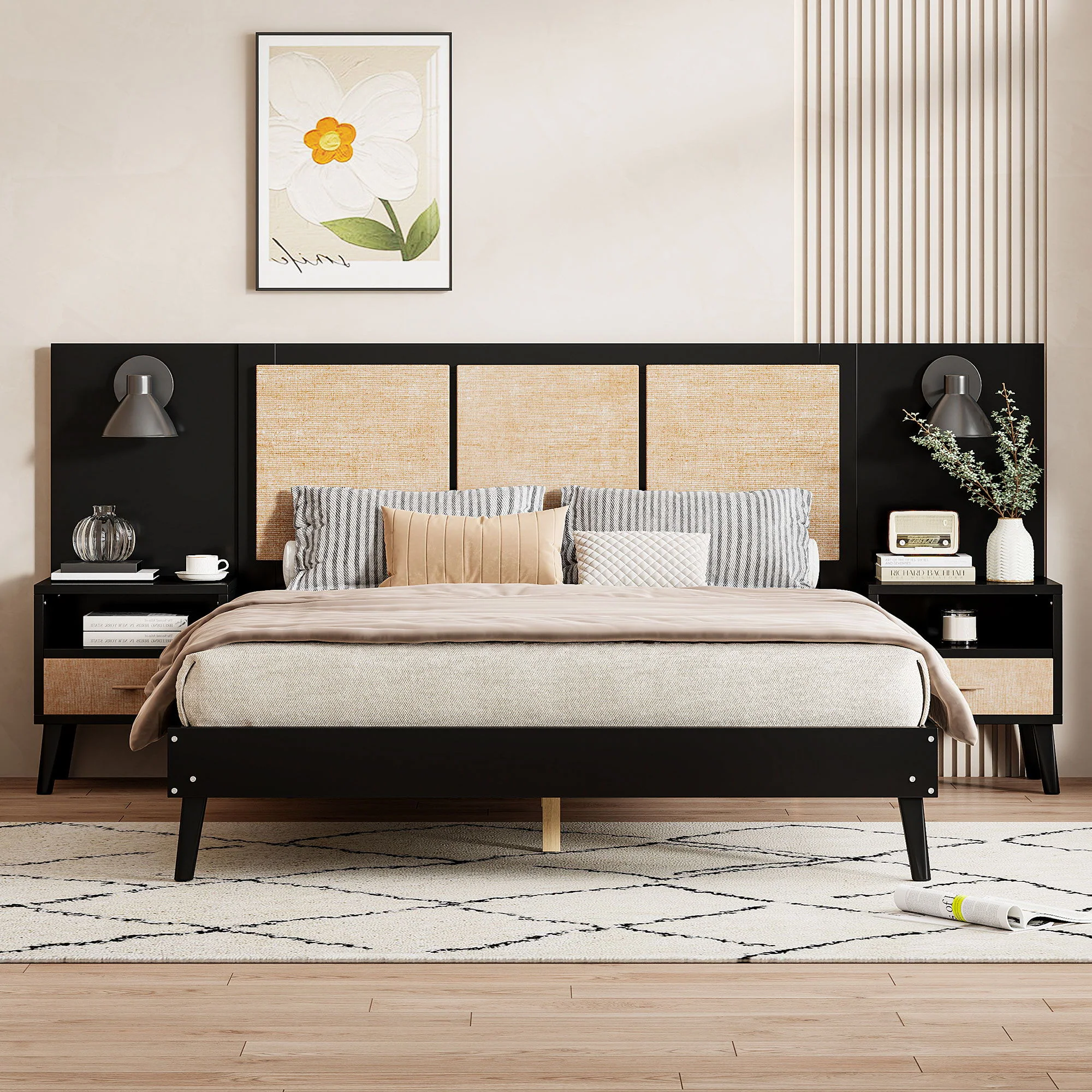Bed Frame With 2 Nightstands Elegant Design With Lamps - Image 4