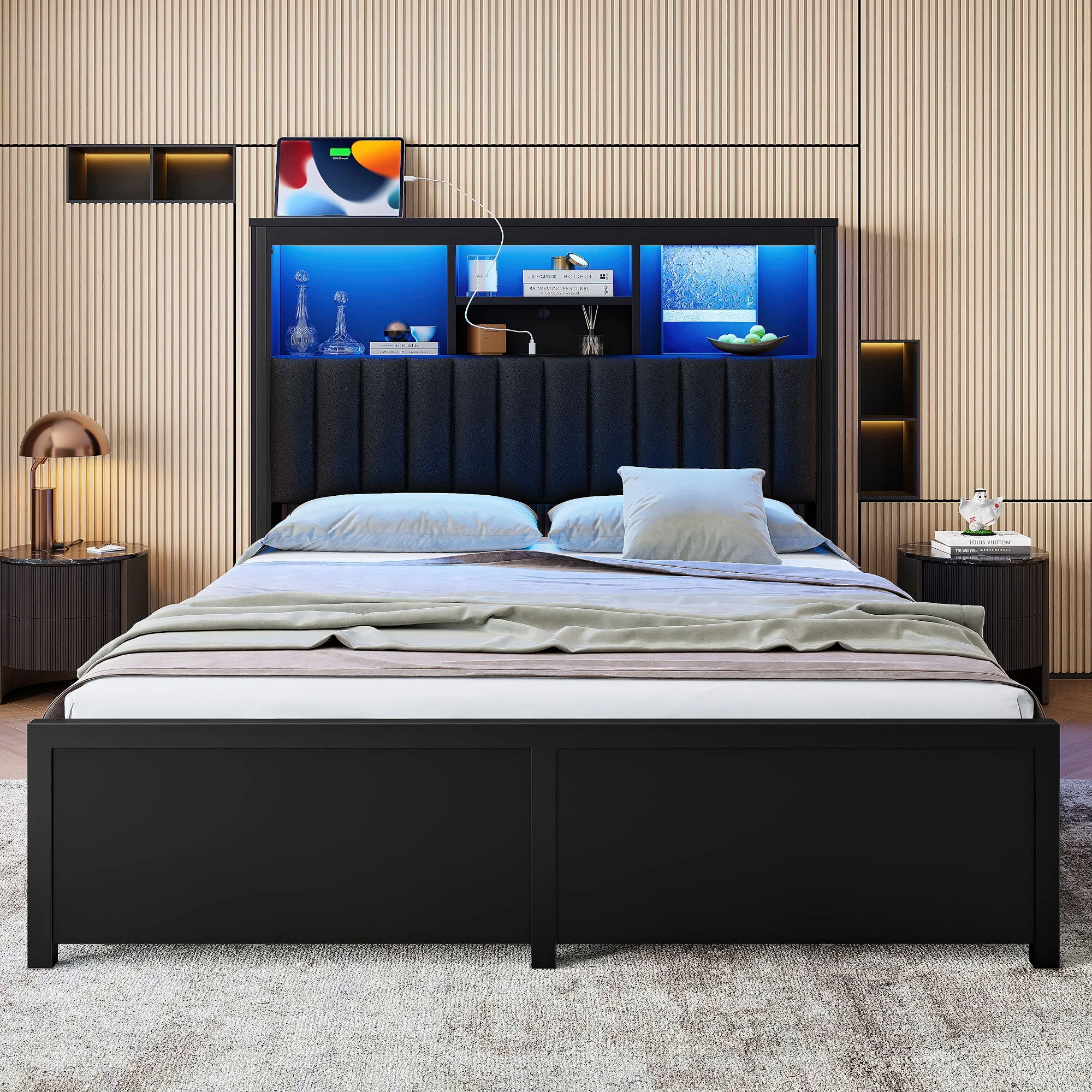 Bed Frame With High Storage Headboard, LED Light And Charging Station, 4 Storage Drawers - Image 7