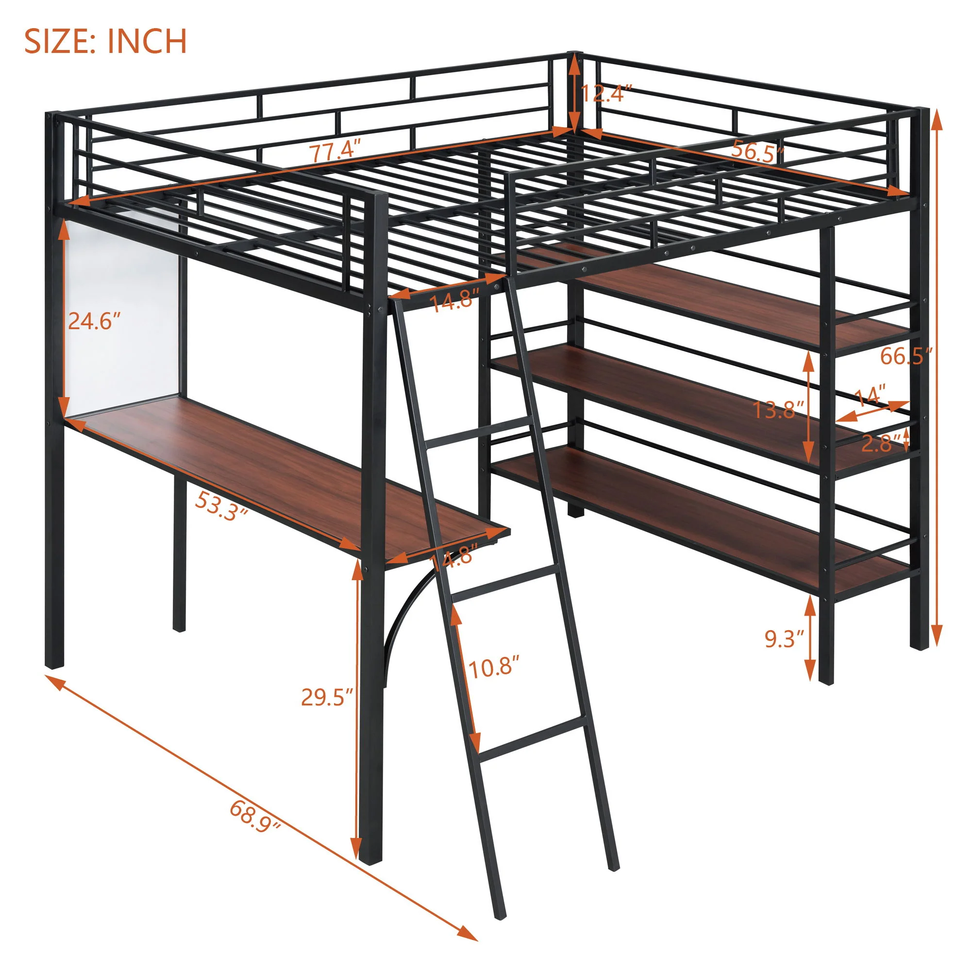 Bed With 3 Layers Of Shelves And Desk, Stylish Frame Bed - Image 5