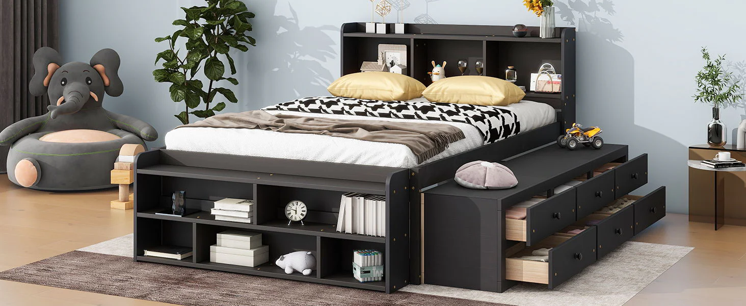 Bed With Bookcase Headboard, Under Bed Storage Drawers And Bed End Storage Case - Image 4