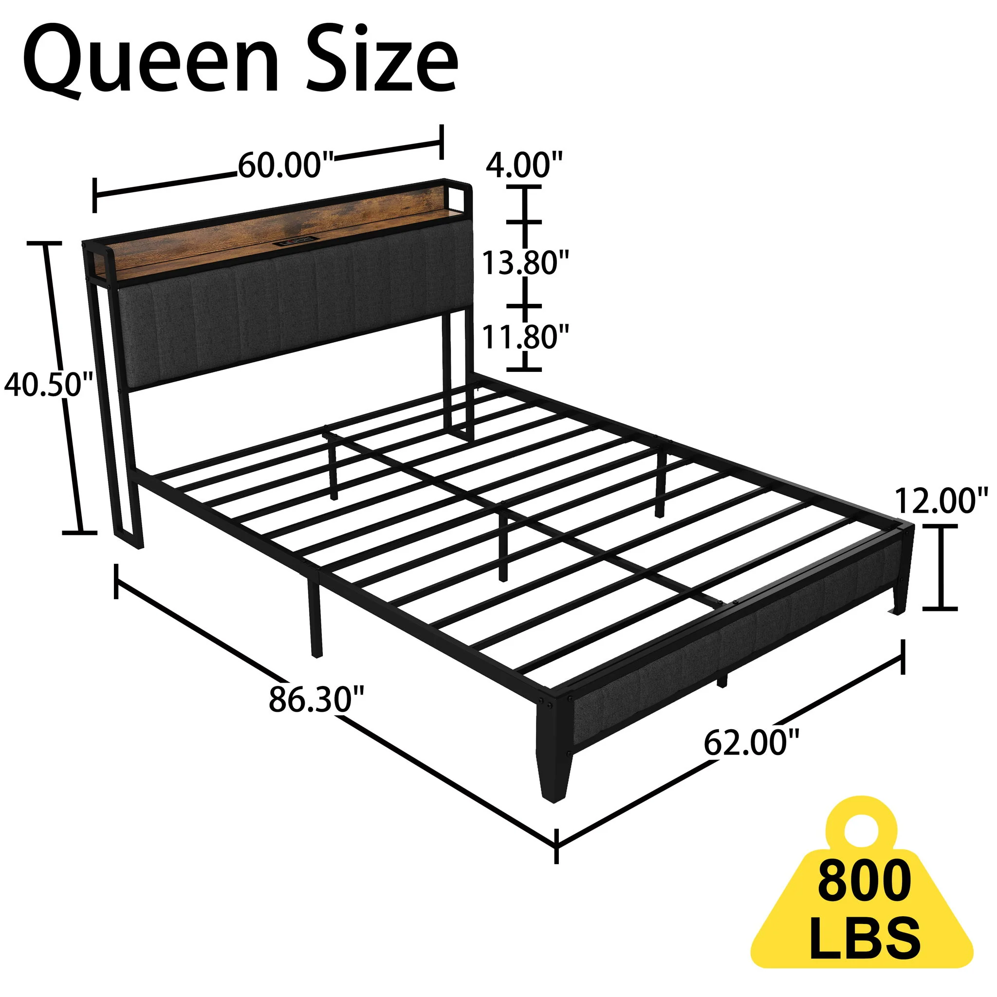 Bed With Charging Station, American Design Upholstered Headboard, Metal Platform - Image 12