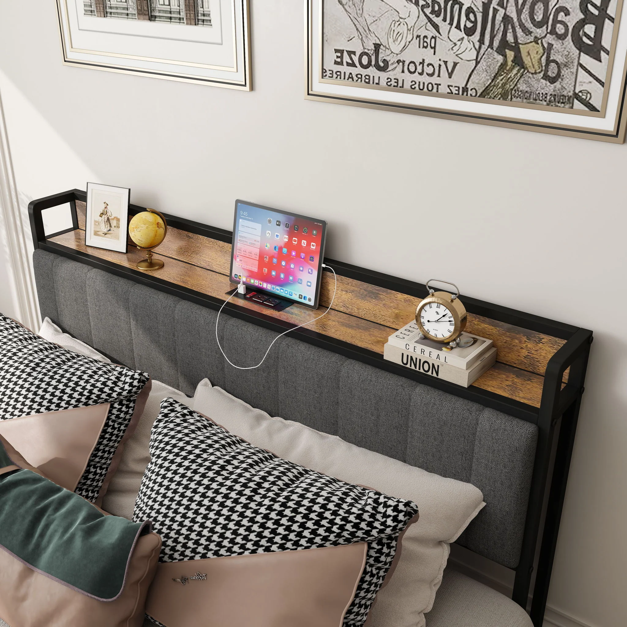 Bed With Charging Station, American Design Upholstered Headboard, Metal Platform - Image 16