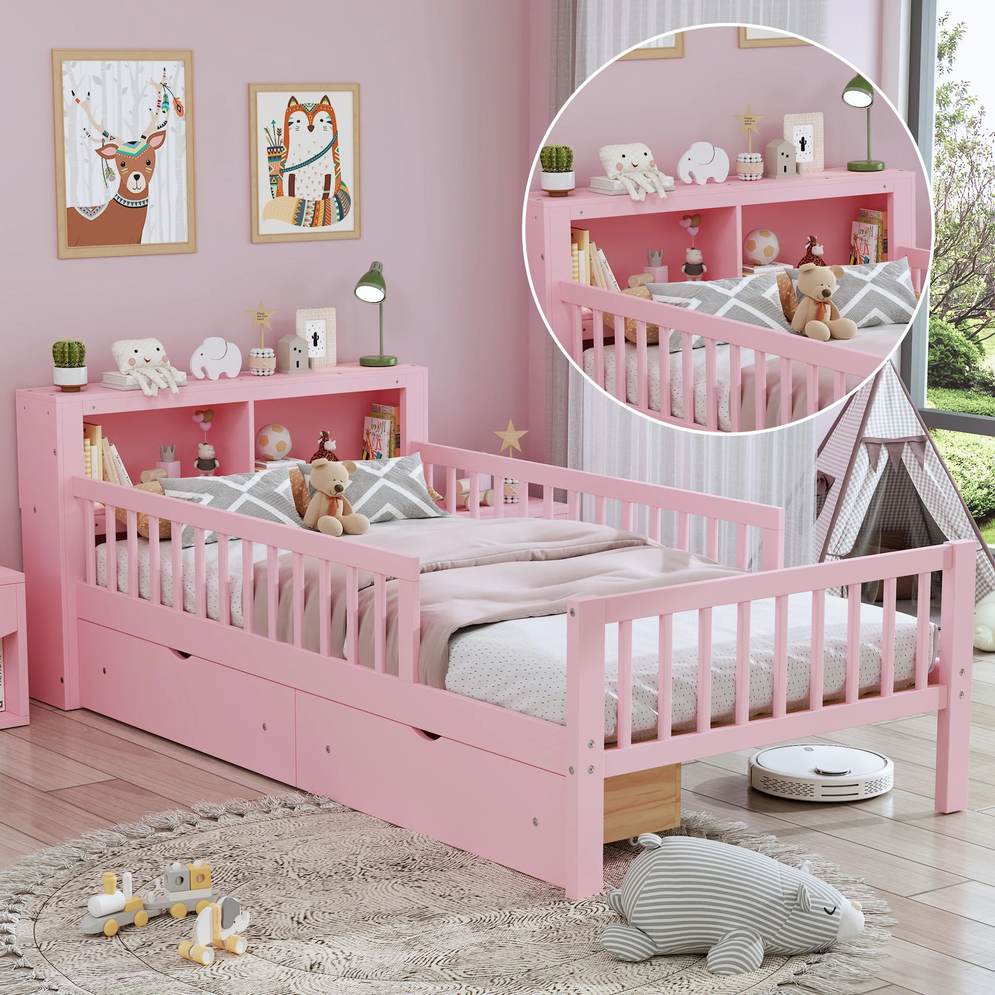 Bed With Headboard Storage Rack, 2 Under Bed Drawers, 3 Side Guardrails For Safety - Image 26