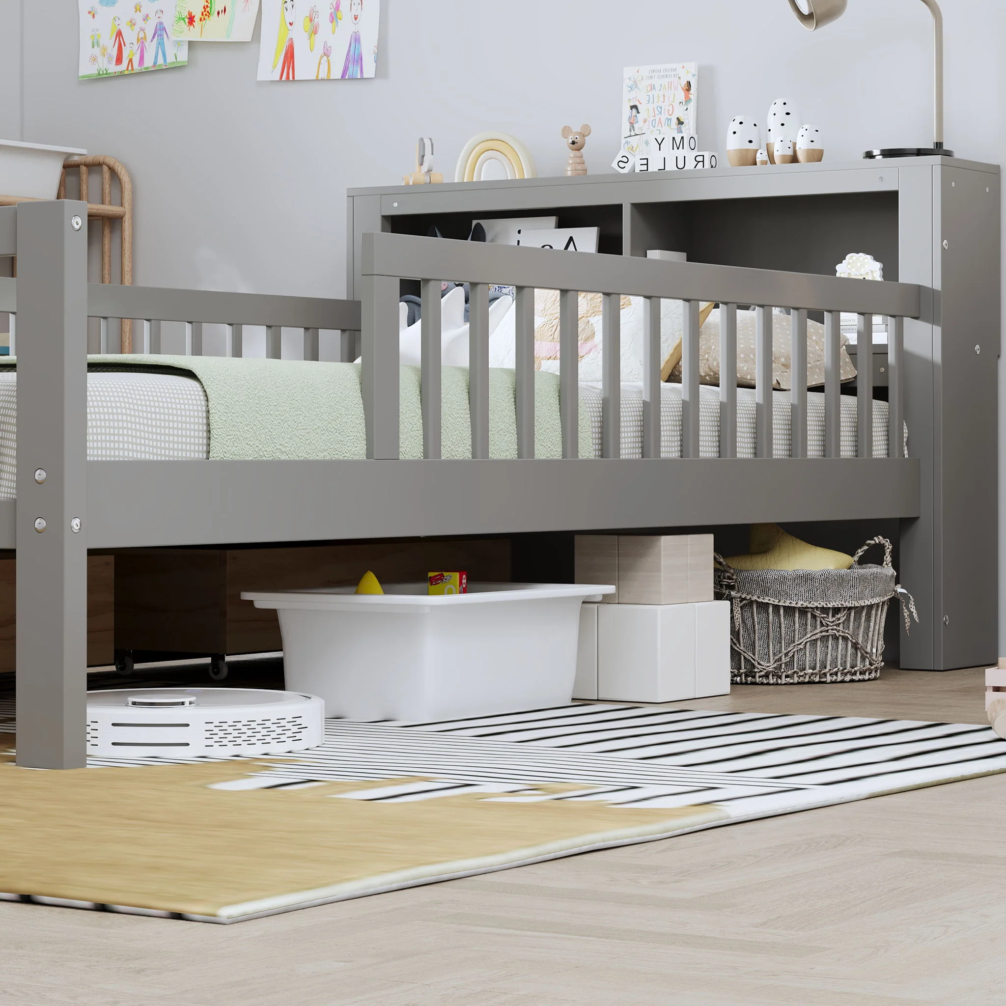 Bed With Headboard Storage Rack, 2 Under Bed Drawers, 3 Side Guardrails For Safety - Image 30
