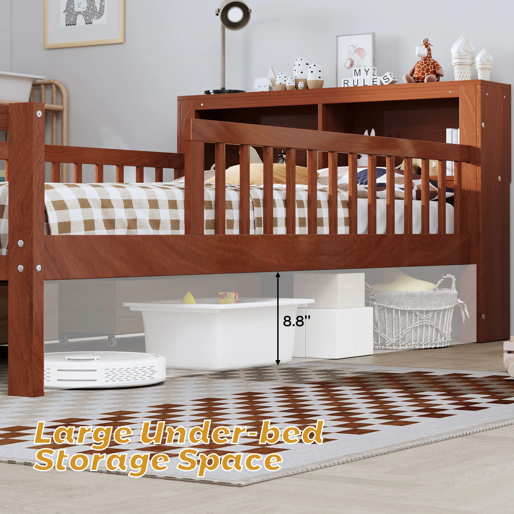 Bed With Headboard Storage Rack, 2 Under Bed Drawers, 3 Side Guardrails For Safety - Image 5