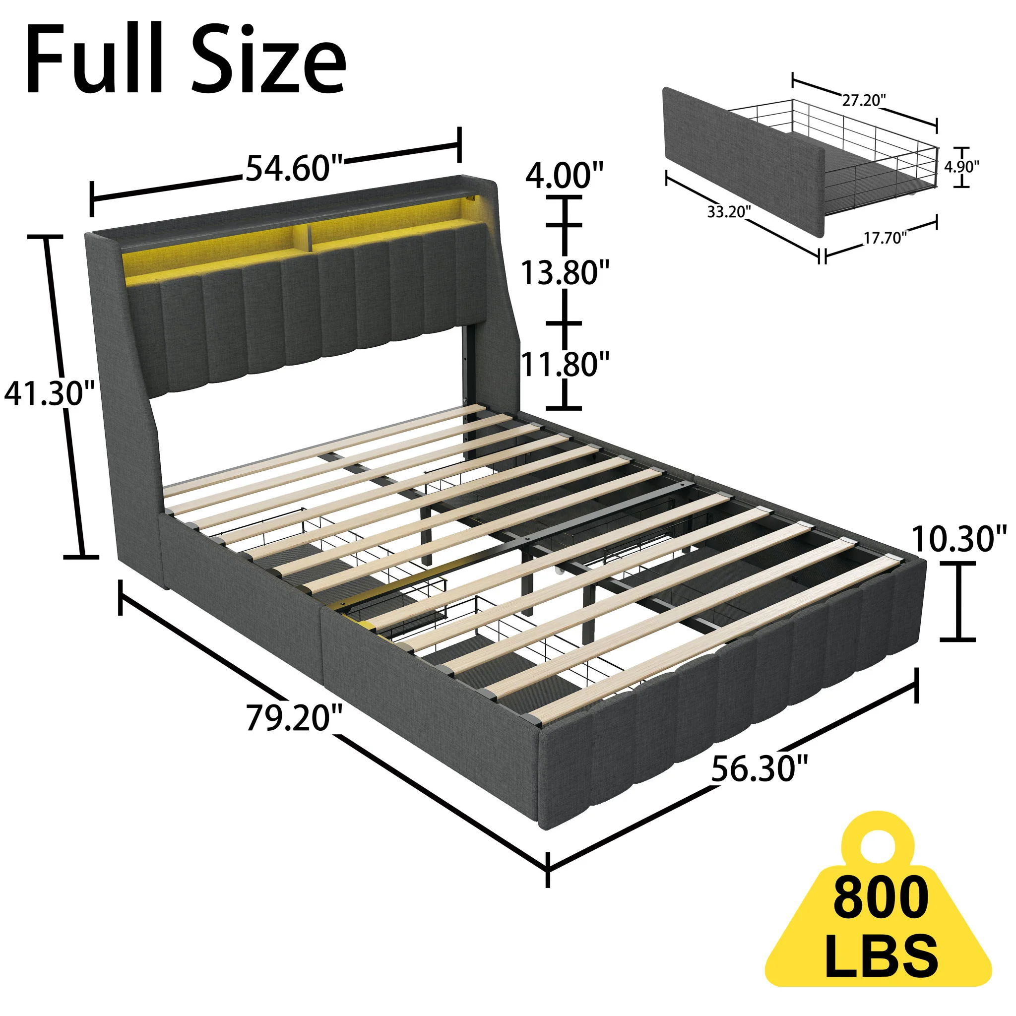 Bed With LED Lights, 4 Drawers, Winged Headboard Upholstered - Image 8
