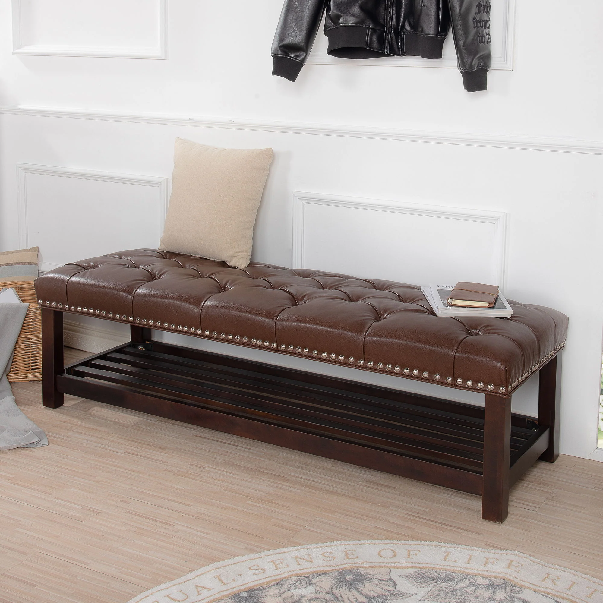 Bedroom End Of Bed Bench Tufted Upholstered End Of Bed Bench End Of Bed Entrance Shoe Bench With Nailhead Trim And Shelf Bedroom Upholstered Bench Living Room Shoe Rack Footstool - Image 16