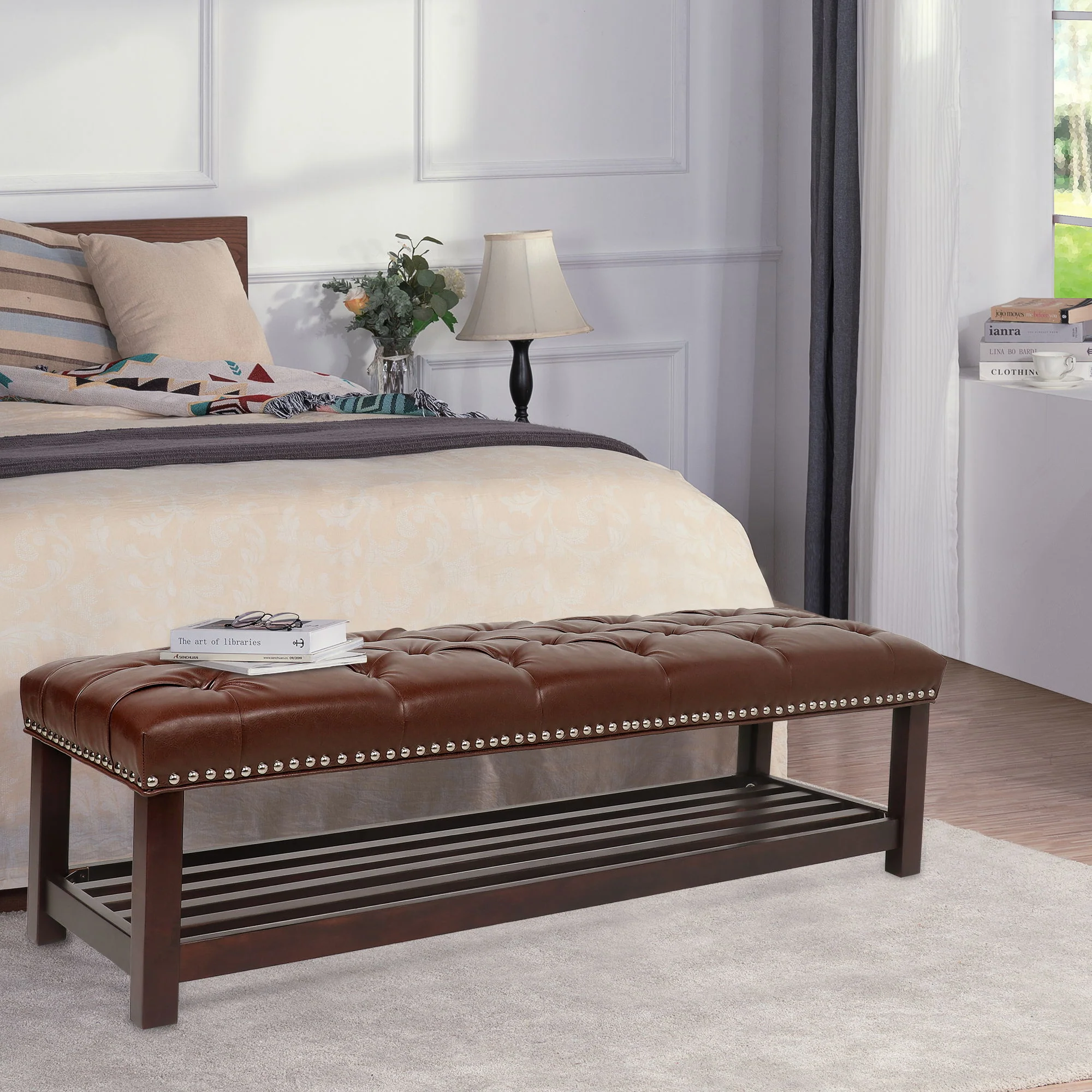 Bedroom End Of Bed Bench Tufted Upholstered End Of Bed Bench End Of Bed Entrance Shoe Bench With Nailhead Trim And Shelf Bedroom Upholstered Bench Living Room Shoe Rack Footstool - Image 3