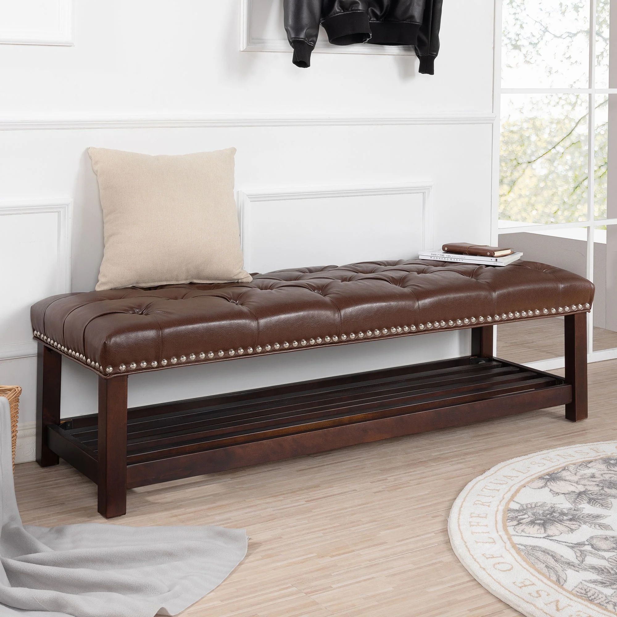 Bedroom End Of Bed Bench Tufted Upholstered End Of Bed Bench End Of Bed Entrance Shoe Bench With Nailhead Trim And Shelf Bedroom Upholstered Bench Living Room Shoe Rack Footstool - Image 4