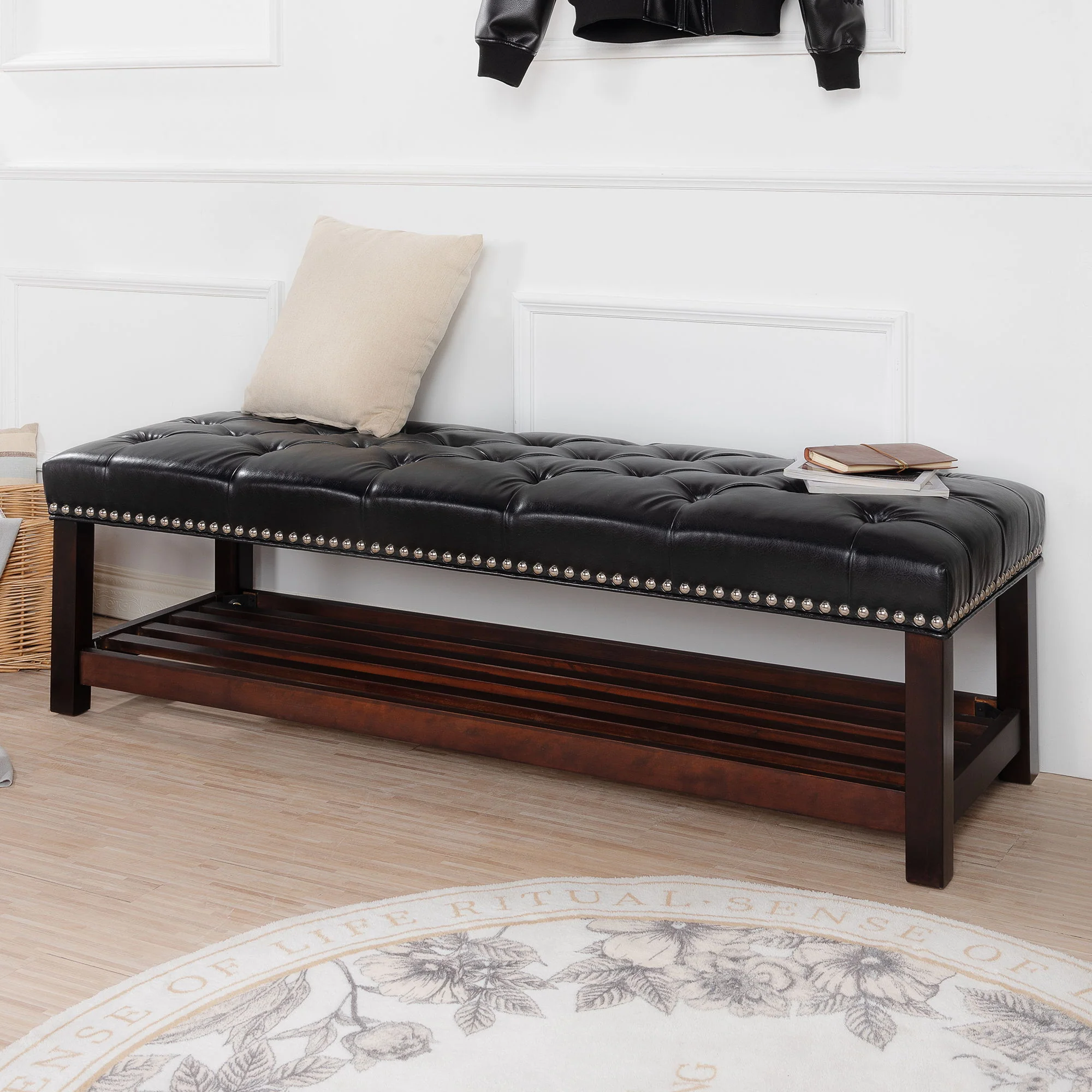 Bedroom End Of Bed Bench Tufted Upholstered End Of Bed Bench End Of Bed Entrance Shoe Bench With Nailhead Trim And Shelf Bedroom Upholstered Bench Living Room Shoe Rack Footstool - Image 6