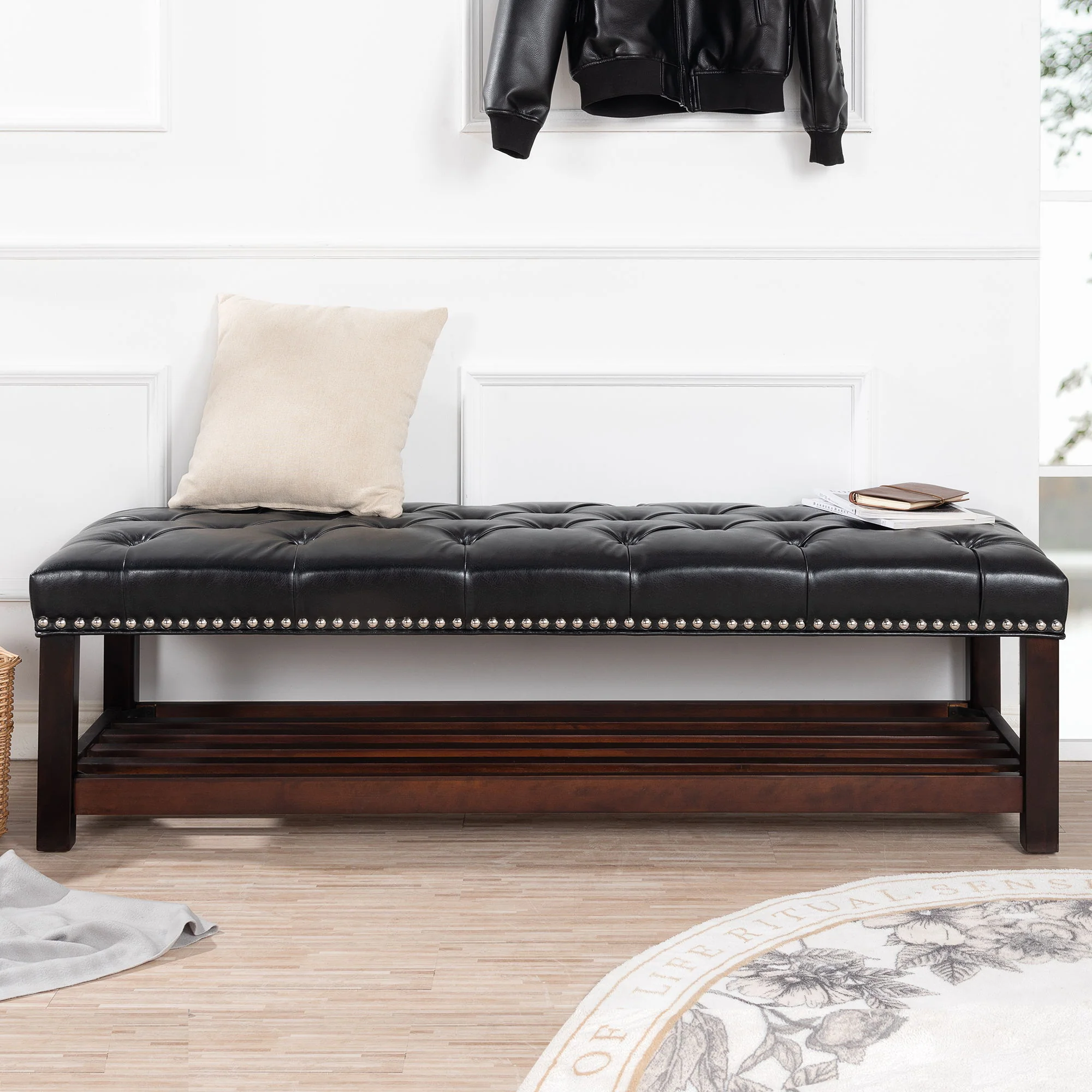 Bedroom End Of Bed Bench Tufted Upholstered End Of Bed Bench End Of Bed Entrance Shoe Bench With Nailhead Trim And Shelf Bedroom Upholstered Bench Living Room Shoe Rack Footstool - Image 8