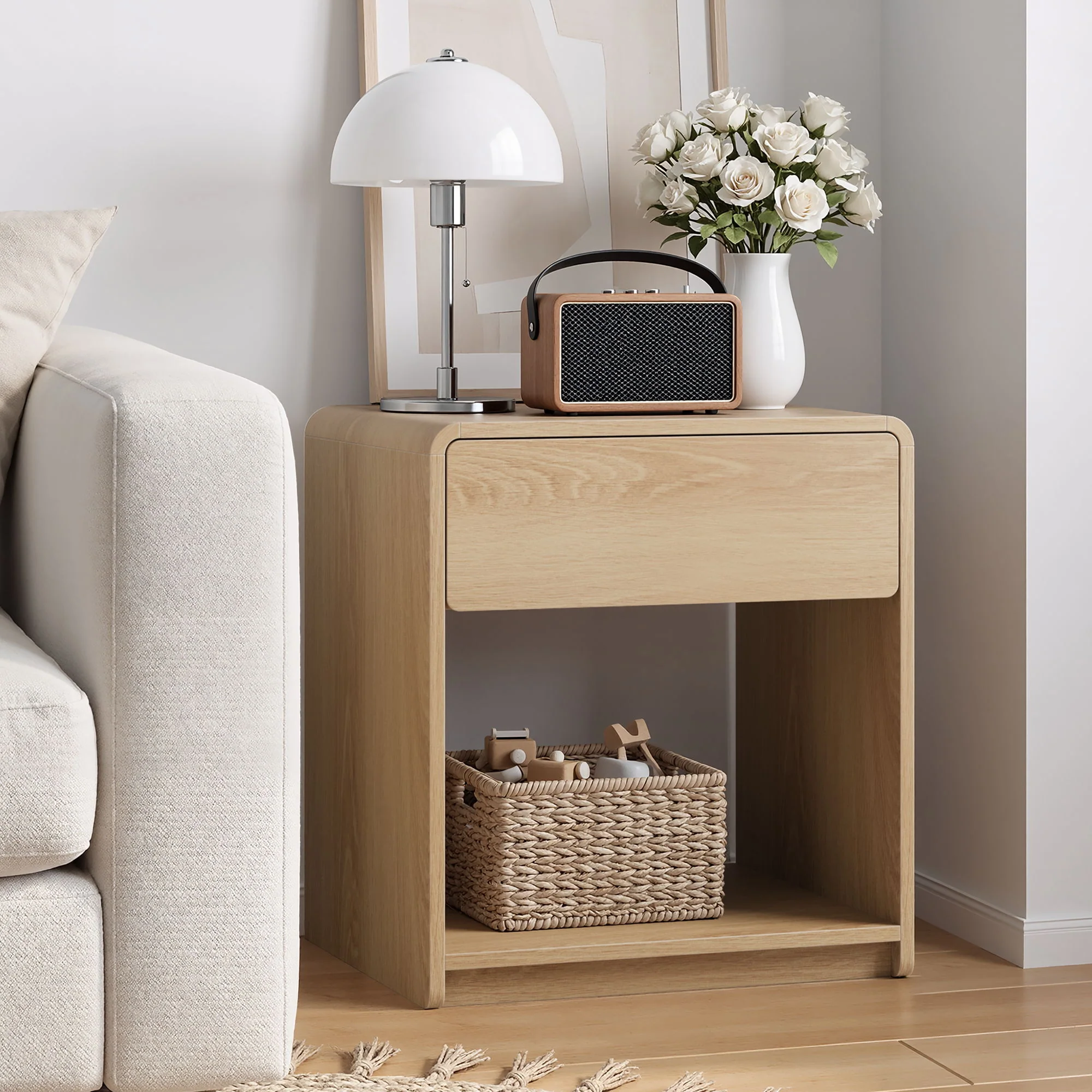 Bedside Table Set With Storage Drawers And Open Shelves, Compact With Rounded Corners (Set of 2) - Oak - Image 5