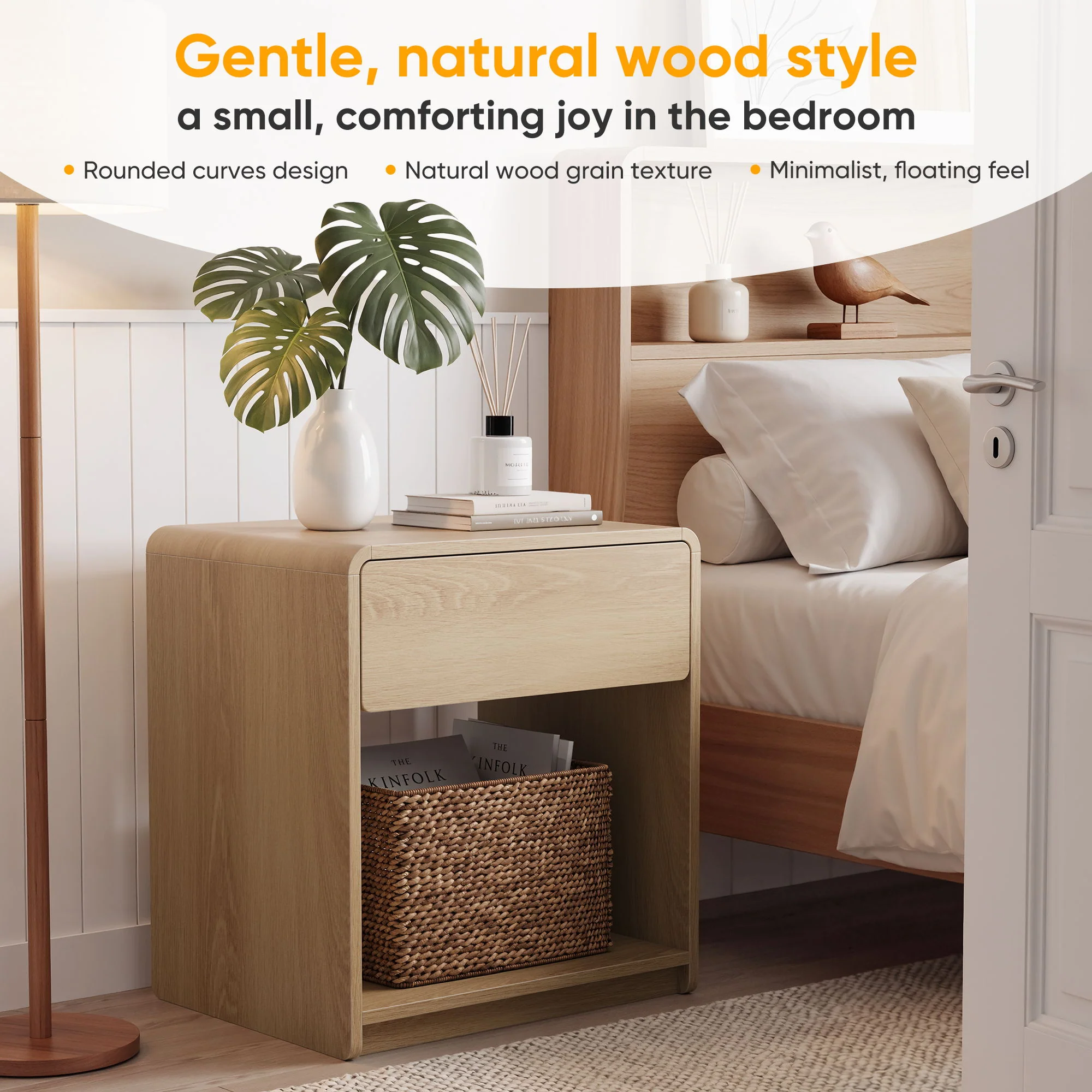 Bedside Table Set With Storage Drawers And Open Shelves, Compact With Rounded Corners (Set of 2) - Oak - Image 8