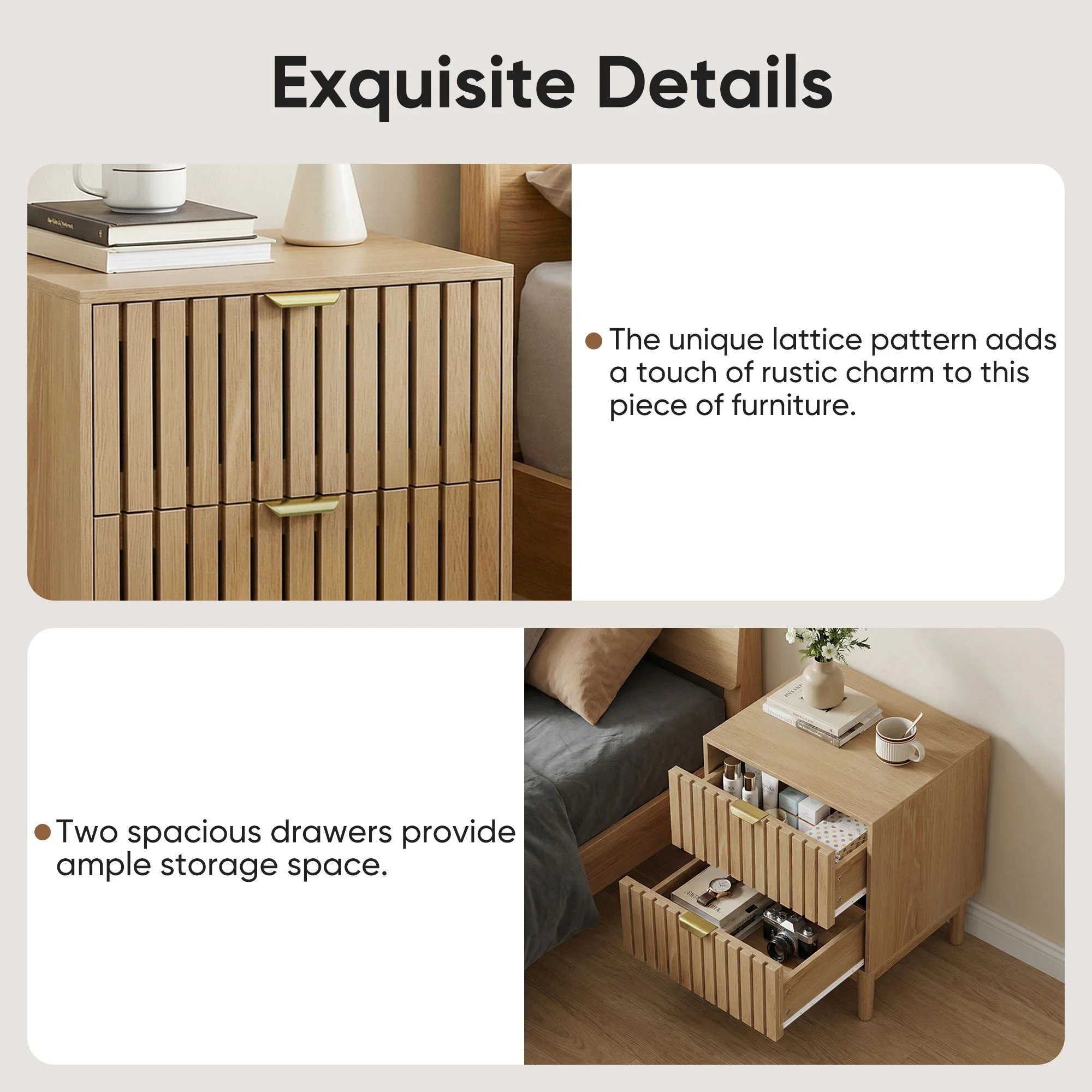 Bedside Table With Grille Design And 2 Drawers, Side Table For Bedroom - Oak - Image 5