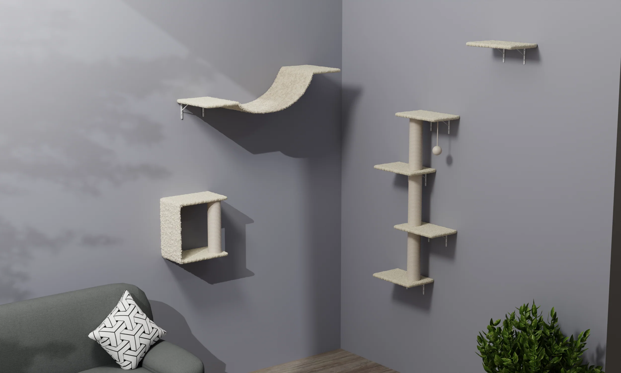 Bellis 4-Piece Wall-Mounted Cat Furniture Set with Sisal and Plush - Image 8
