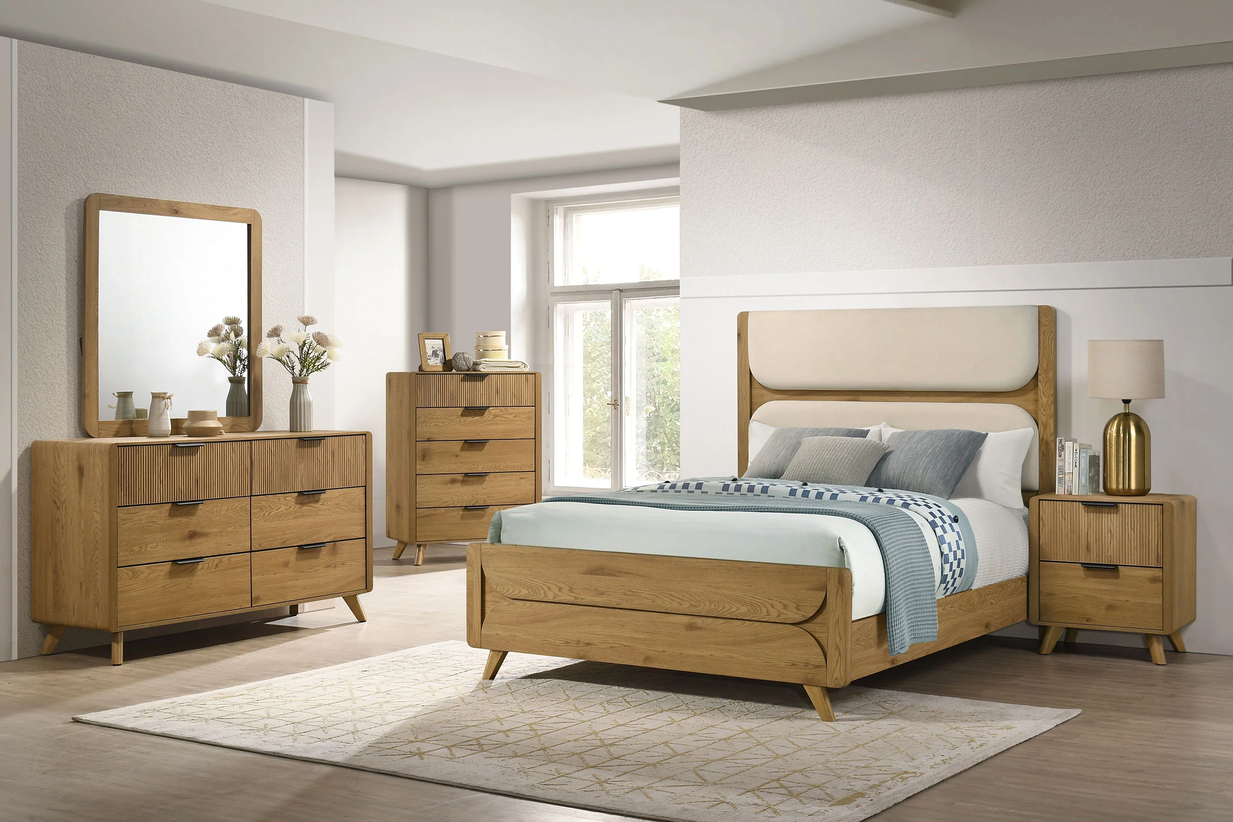 Bennett 62-inch Eastern King Upholstered Panel Bed, Cream and Light Oak - Image 11