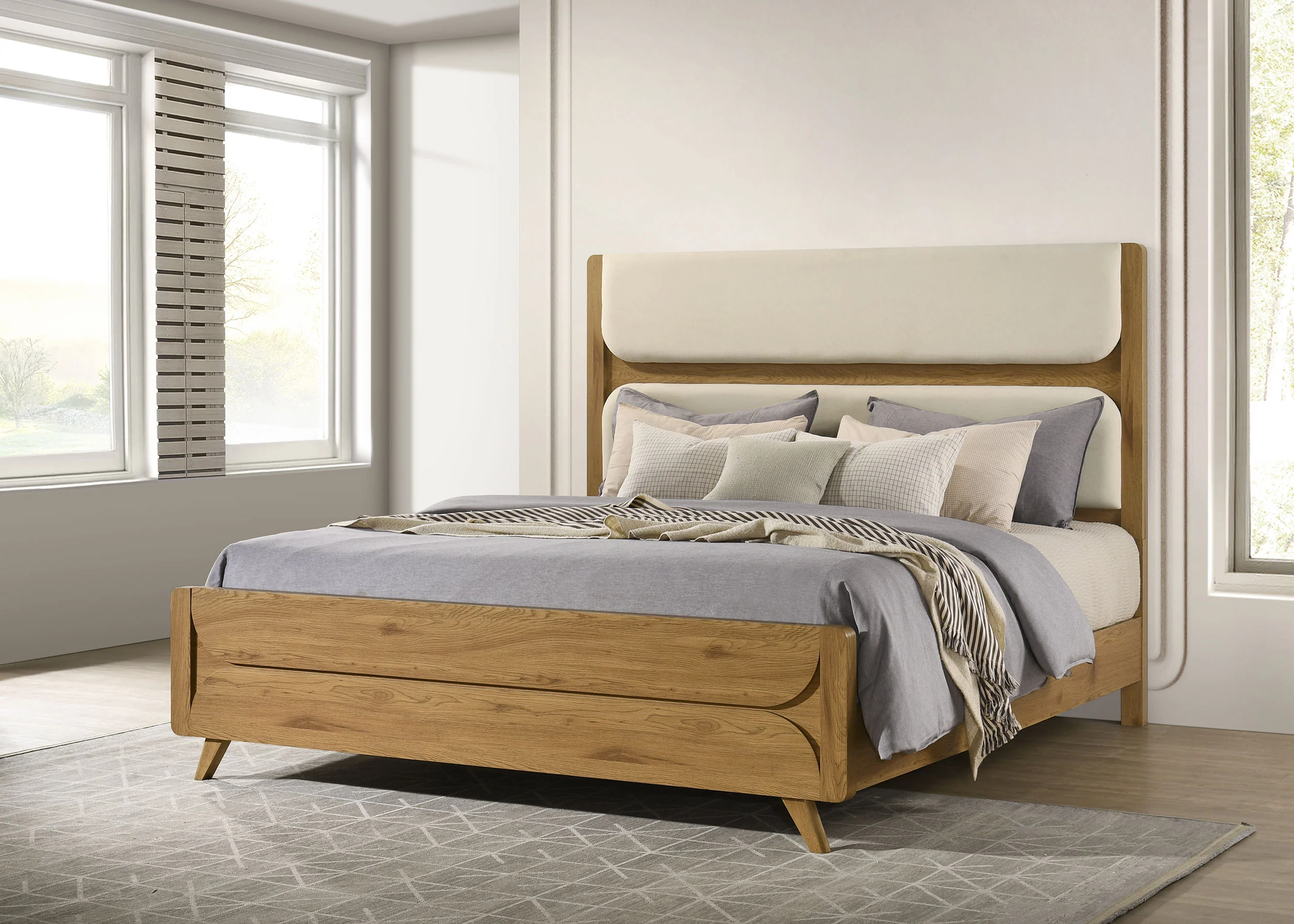 Bennett 62-inch Eastern King Upholstered Panel Bed, Cream and Light Oak - Image 5