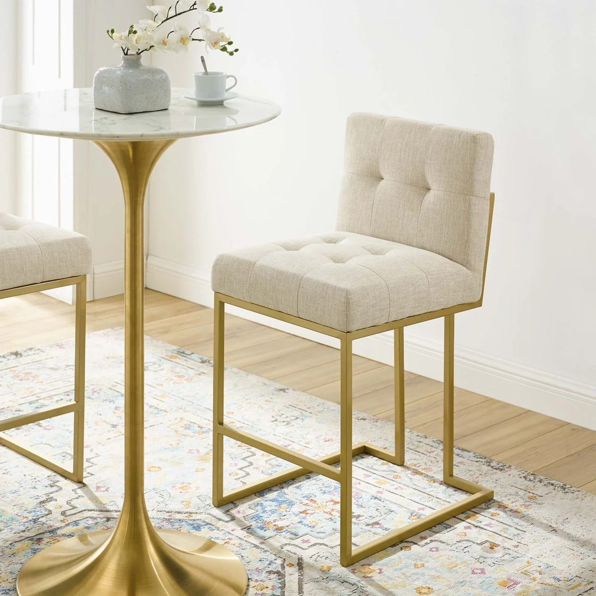Biscuit Tufted Fabric Counter Stool – Gold Stainless Steel 38 Inch - Image 2