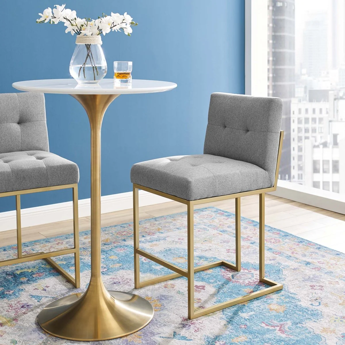 Biscuit Tufted Fabric Counter Stool – Gold Stainless Steel 38 Inch - Image 7