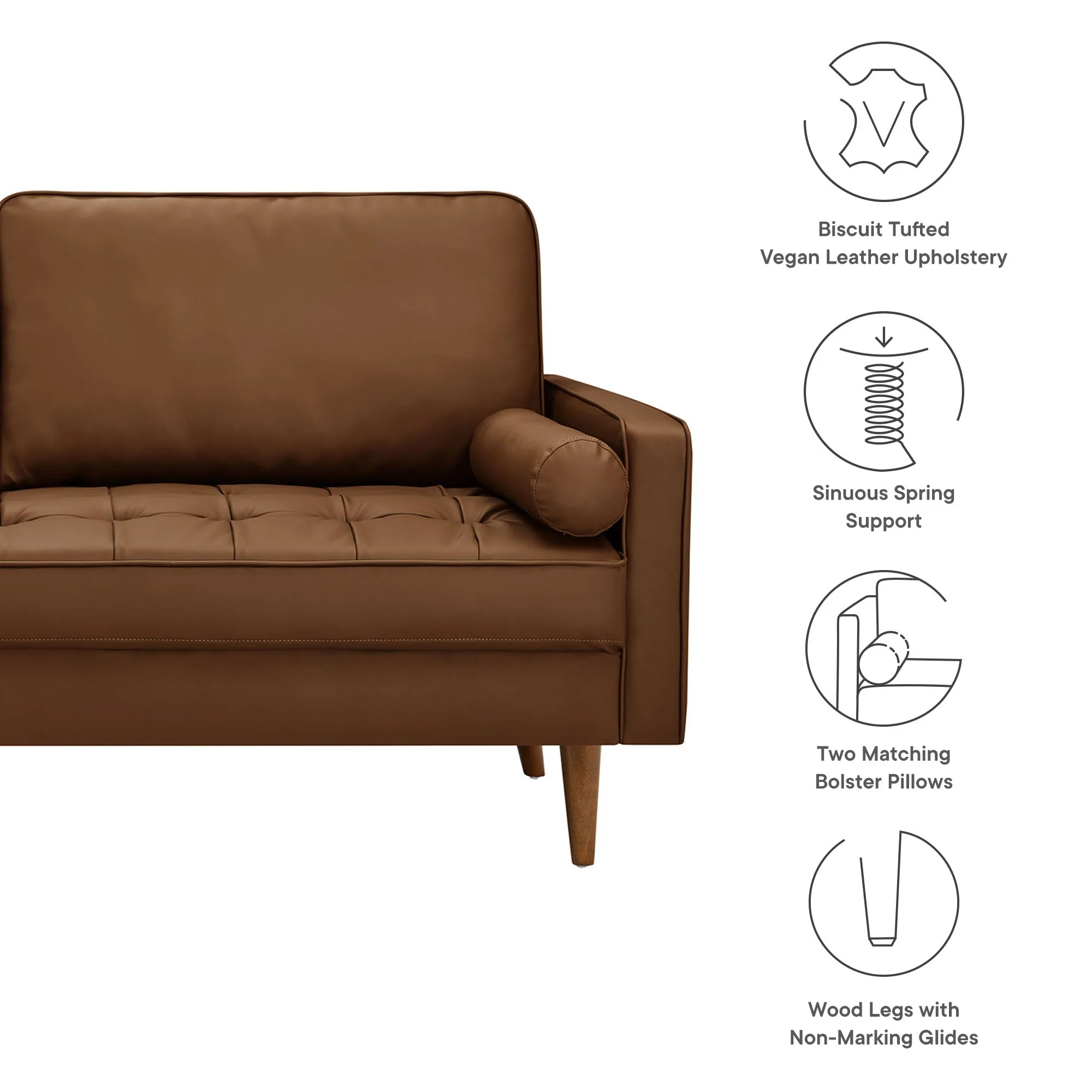 Biscuit Tufted Vegan Leather Sofa with Bolster Pillows in Brown - Image 2