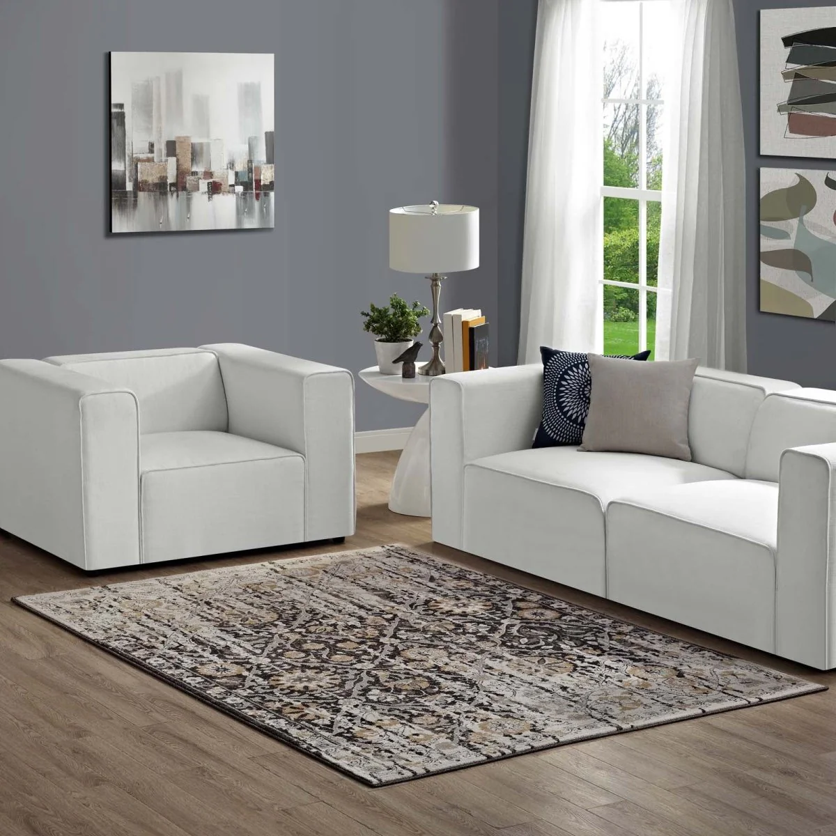 Black and Beige Distressed Diamond Floral Lattice Polypropylene Area Rug Collection - Image 8
