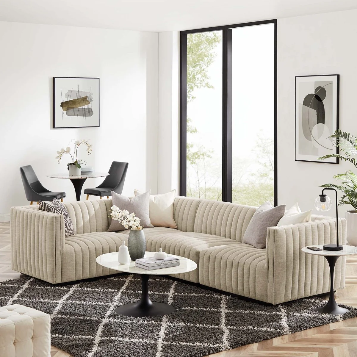 Black Beige Channel Tufted Fabric 4-Piece L-Shaped Sectional - Image 9