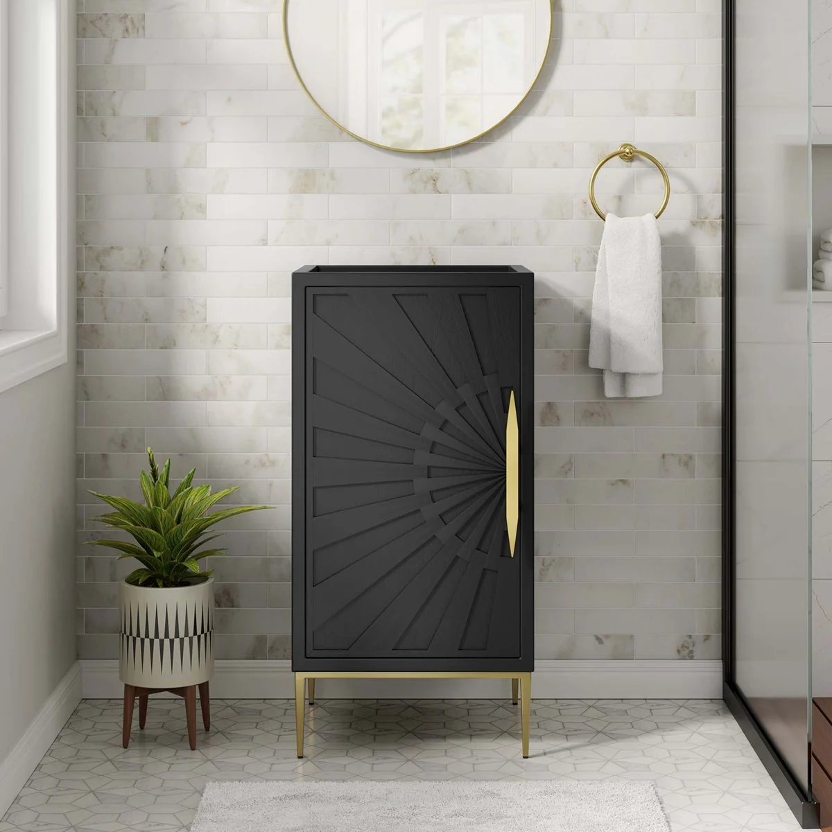 Black Modern Wood Bathroom Vanity Cabinet with Gold Base and Contemporary Hardware - Image 9