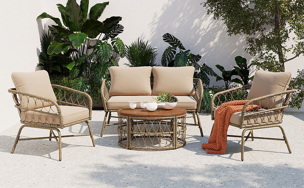 Bohemia-Inspired 4 Person Outdoor Seating Group With Removable Cushions, Conversation Patio Set With Wood Tabletop - Beige - Image 2