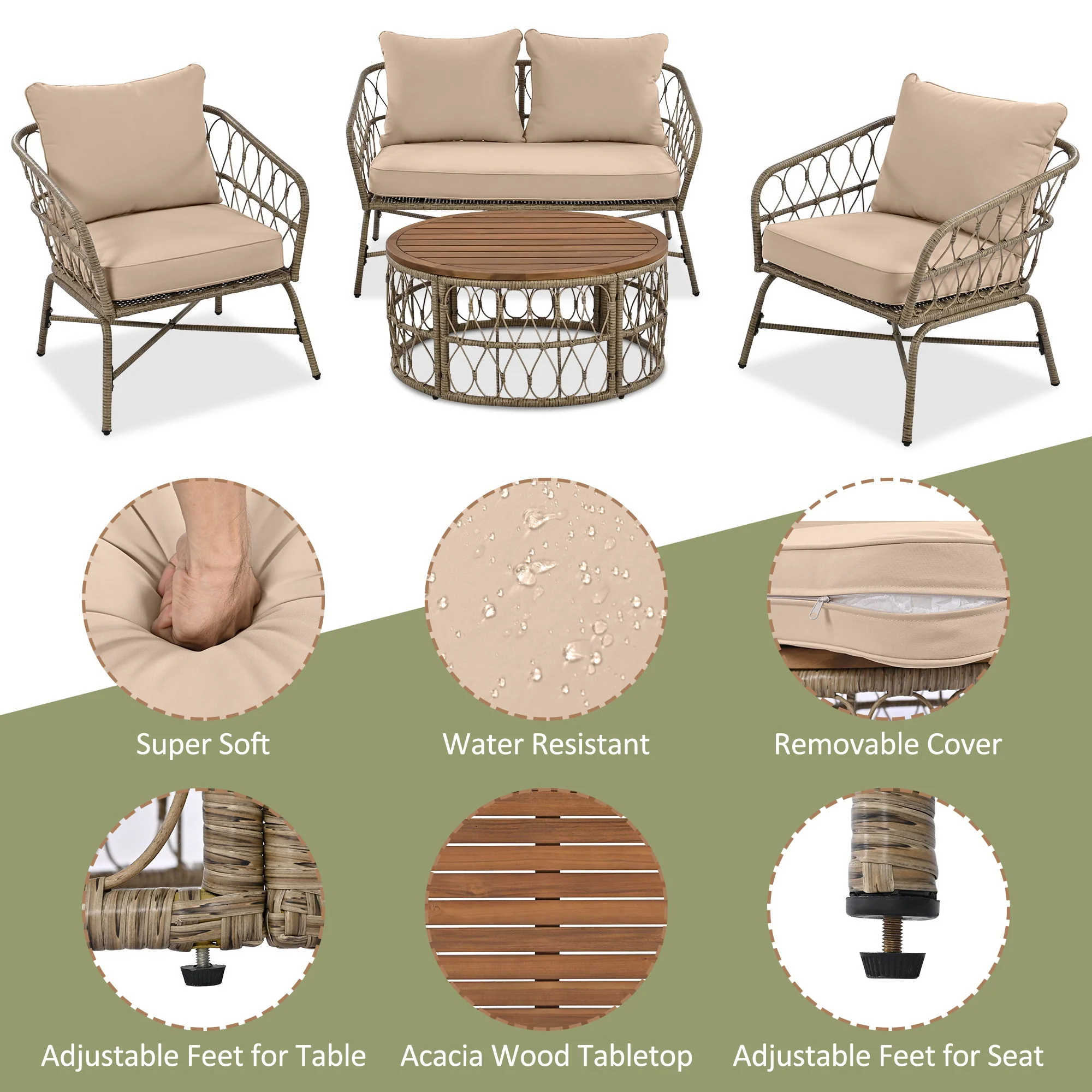 Bohemia-Inspired 4 Person Outdoor Seating Group With Removable Cushions, Conversation Patio Set With Wood Tabletop - Beige - Image 6