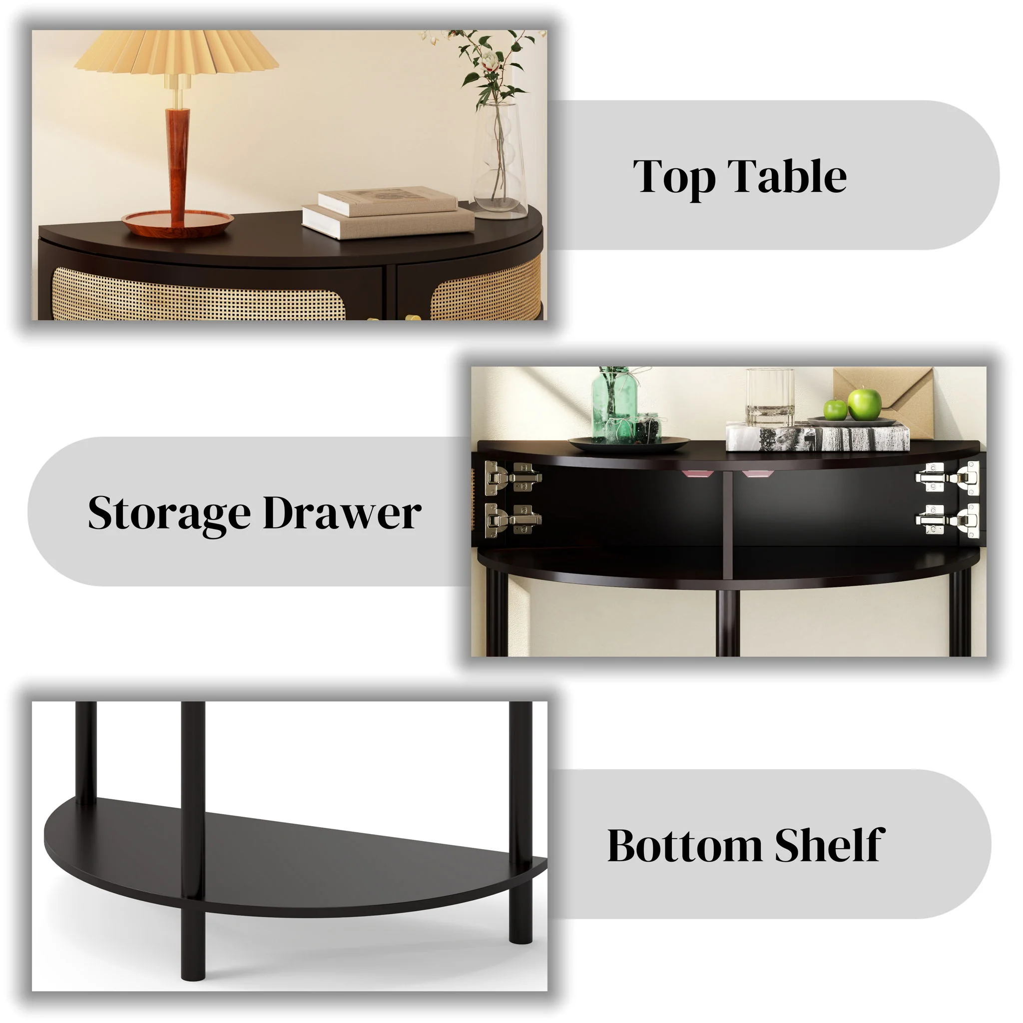 Boho Rattan Semi Circle End Table With Sliding Rattan Door, Storage And Bottom Shelf - Image 13