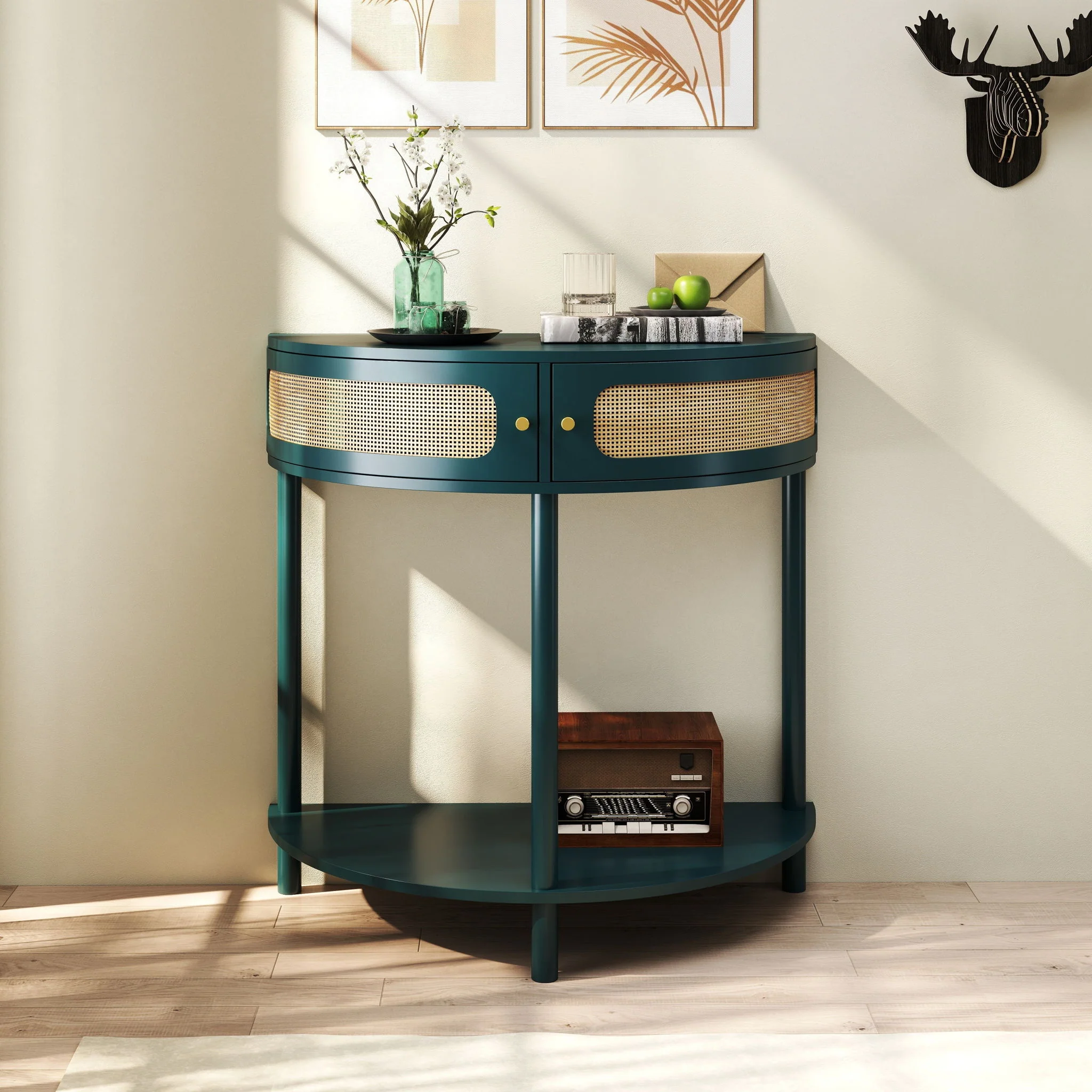 Boho Rattan Semi Circle End Table With Sliding Rattan Door, Storage And Bottom Shelf - Image 9