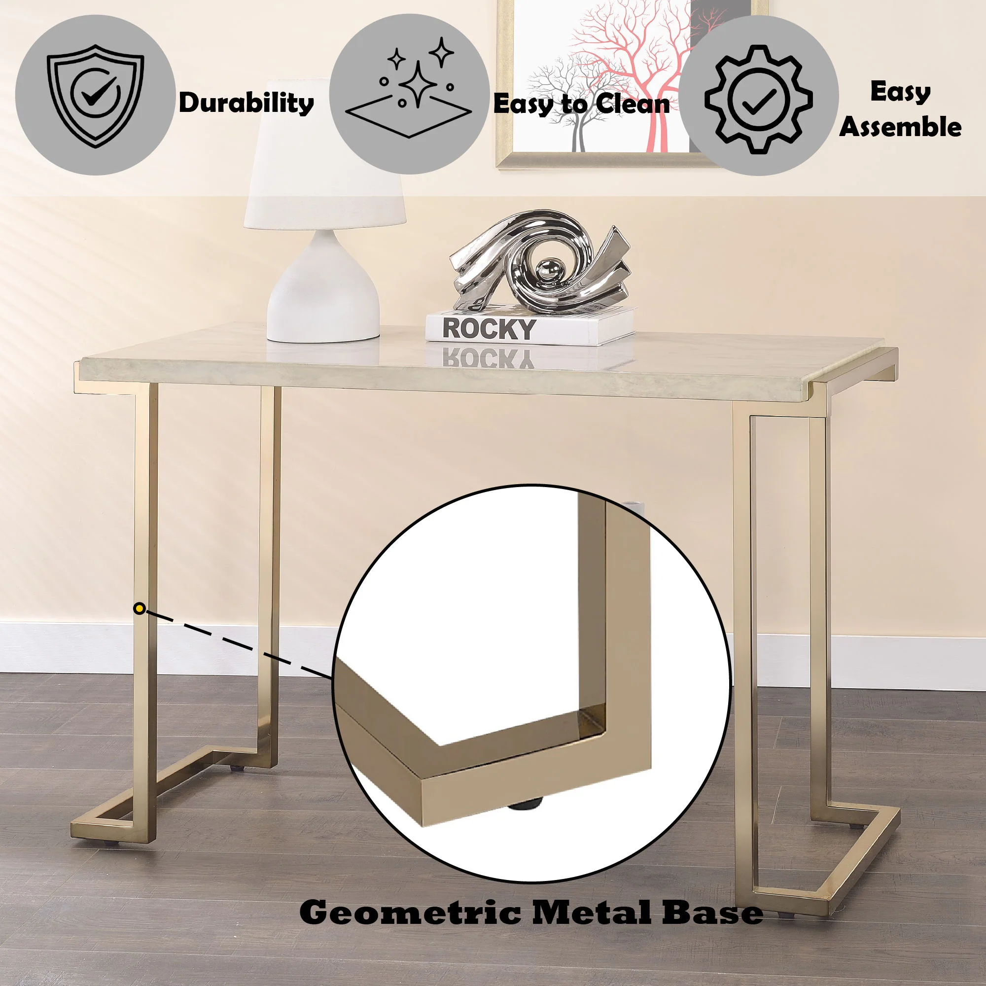 Boice II - Faux Marble Top Sofa Table - White / Champagne - Image 3
