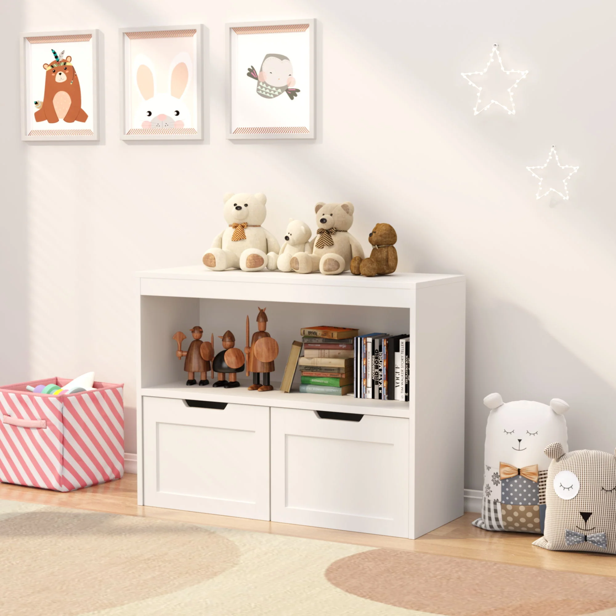 Book Organizer With Large Drawers And Open Shelves, Toy Storage Cabinet With Removable Wheels And Rounded Edges - White - Image 4