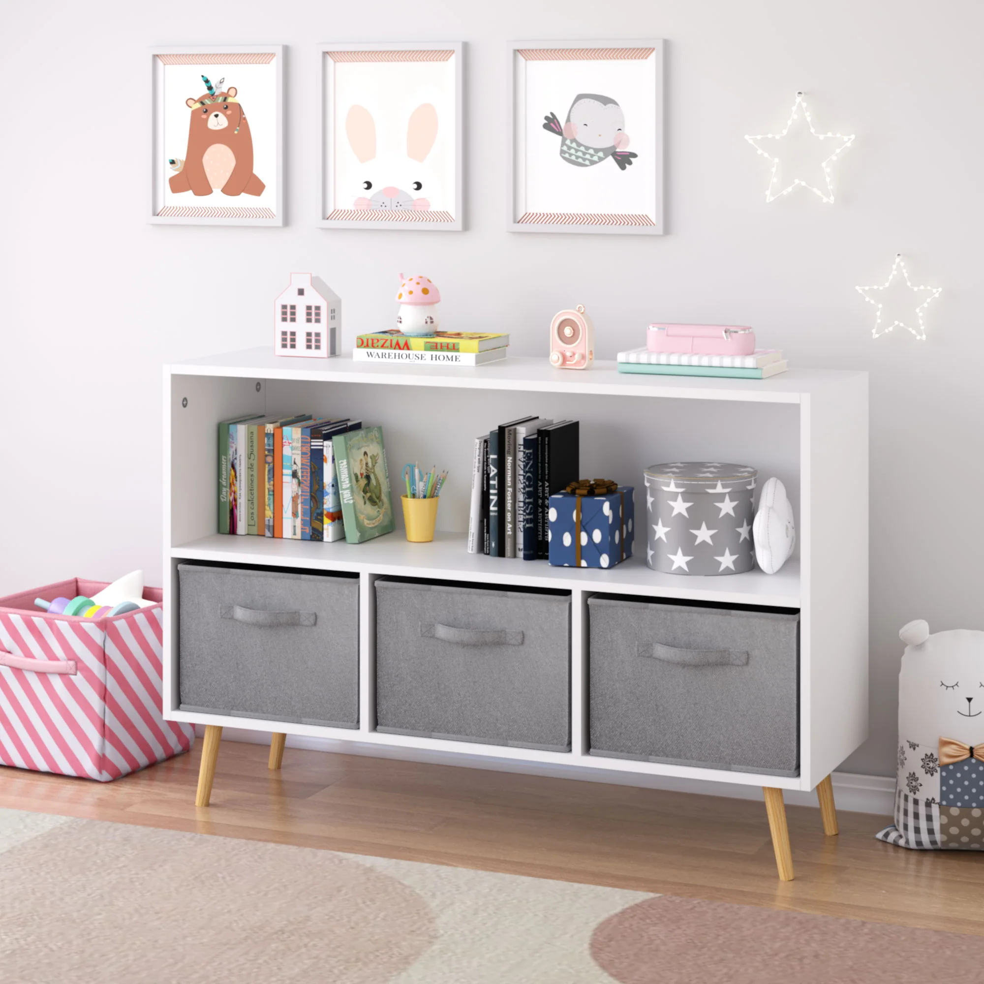 Bookcase With Collapsible Drawers, Book Display Organizer - Image 17