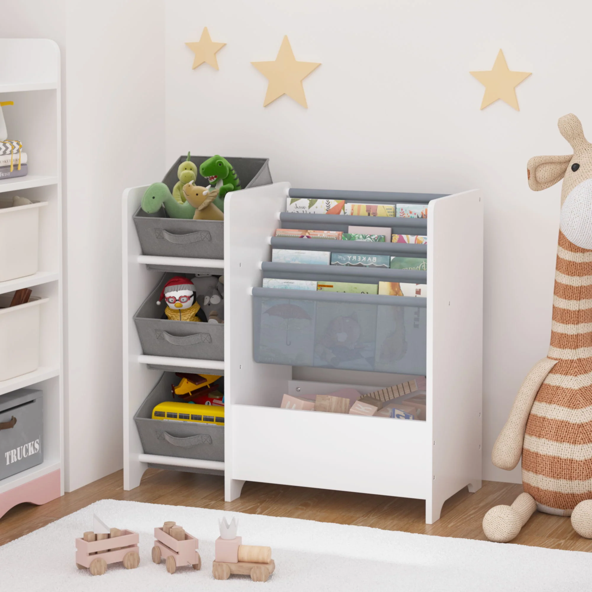 Bookshelf And Toy Storage Organizer, Multifunctional 4 Tier With 3 Collapsible Drawers - White - Image 4
