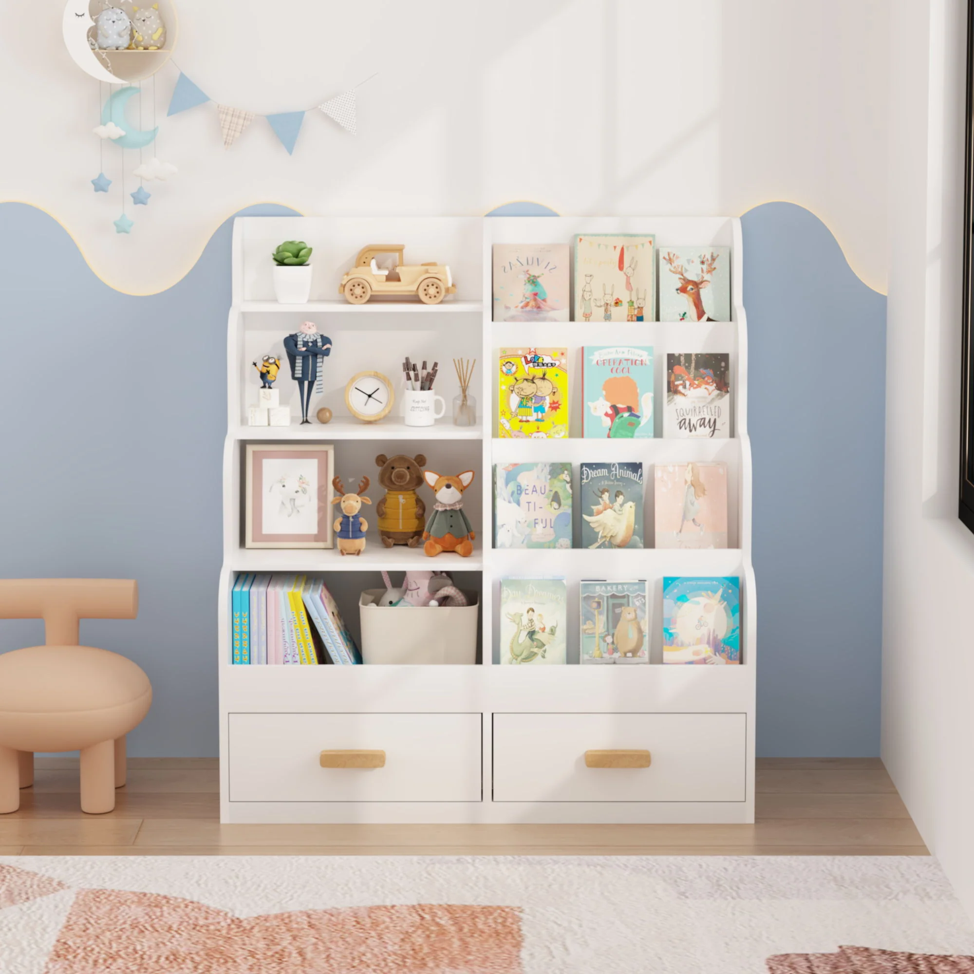 Bookshelf With 2 Storage Drawers, Front Facing Bookcase And Toy Organizer, Multi Tier Reading Shelf - White - Image 2