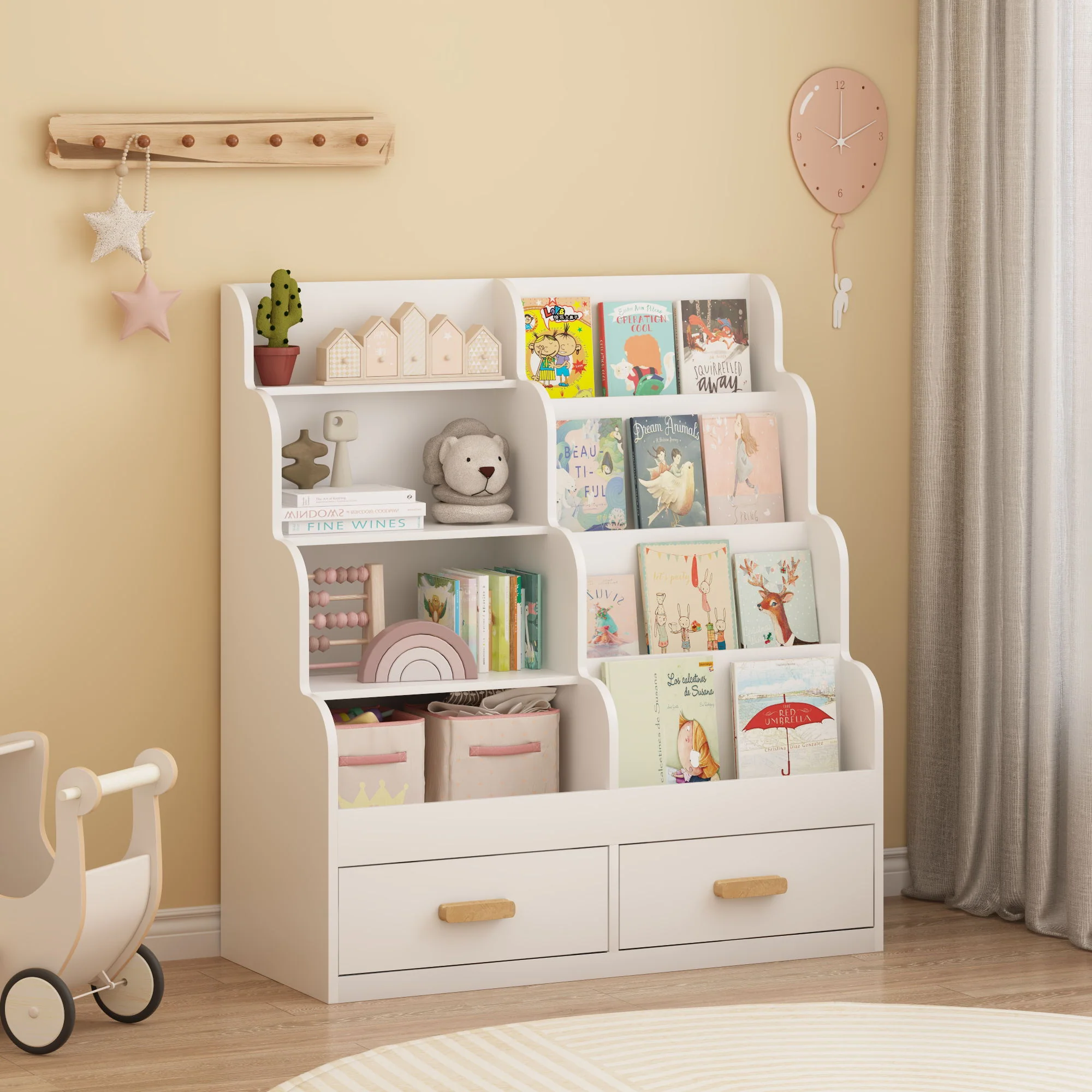 Bookshelf With 2 Storage Drawers, Front Facing Bookcase And Toy Organizer, Multi Tier Reading Shelf - White - Image 3