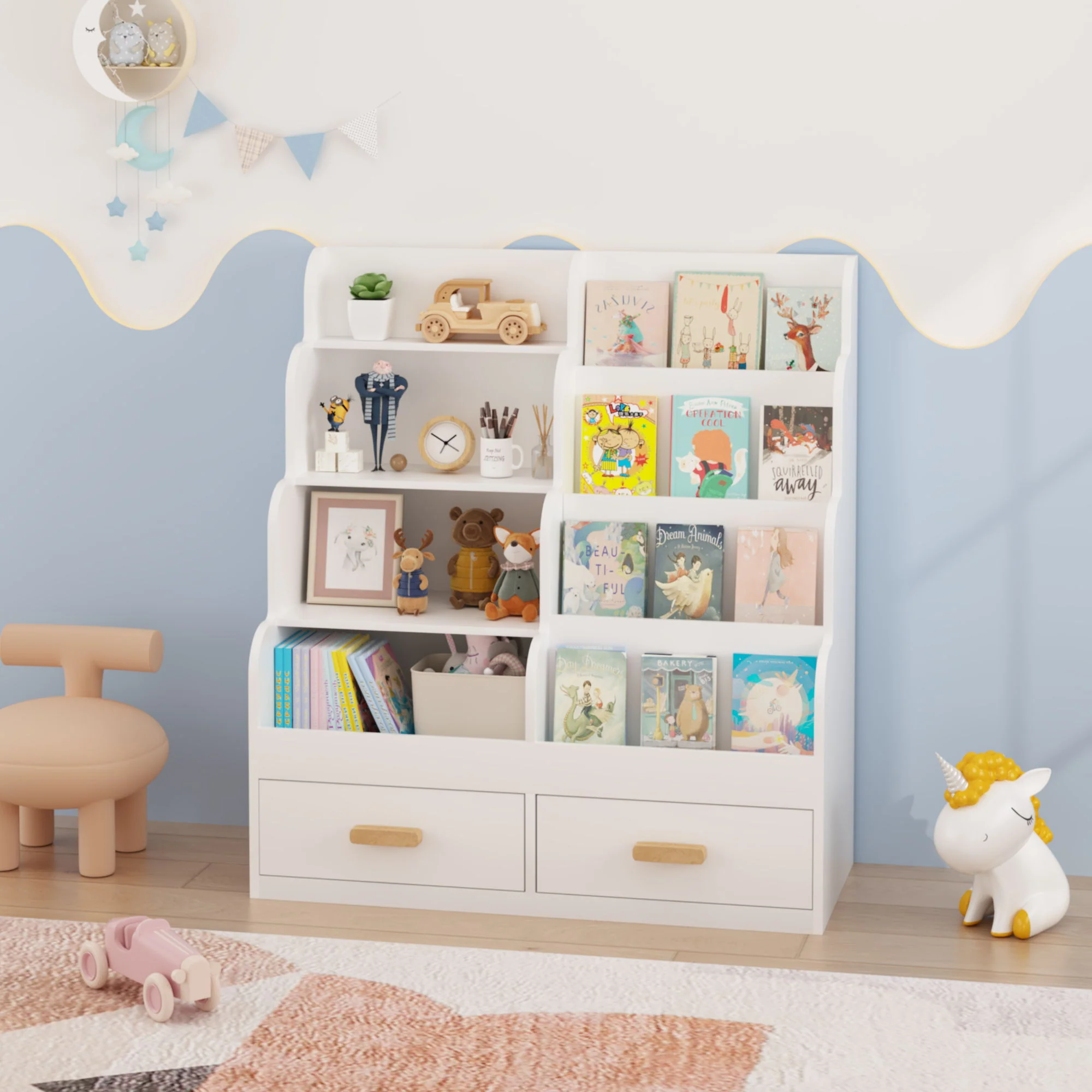 Bookshelf With 2 Storage Drawers, Front Facing Bookcase And Toy Organizer, Multi Tier Reading Shelf - White - Image 9
