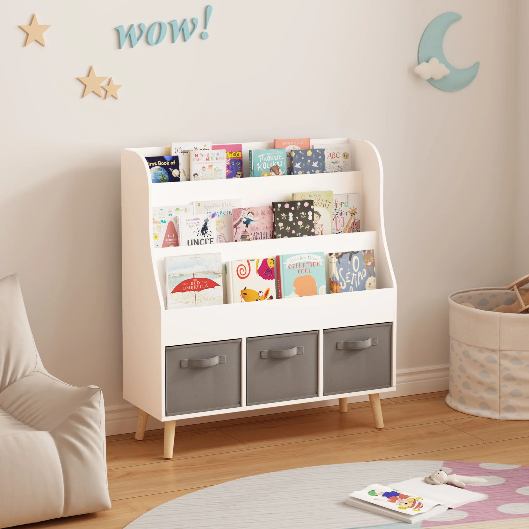Bookshelf With 3 Storage Bins, Book Display Organizer, Front Facing Book Rack - White - Image 7