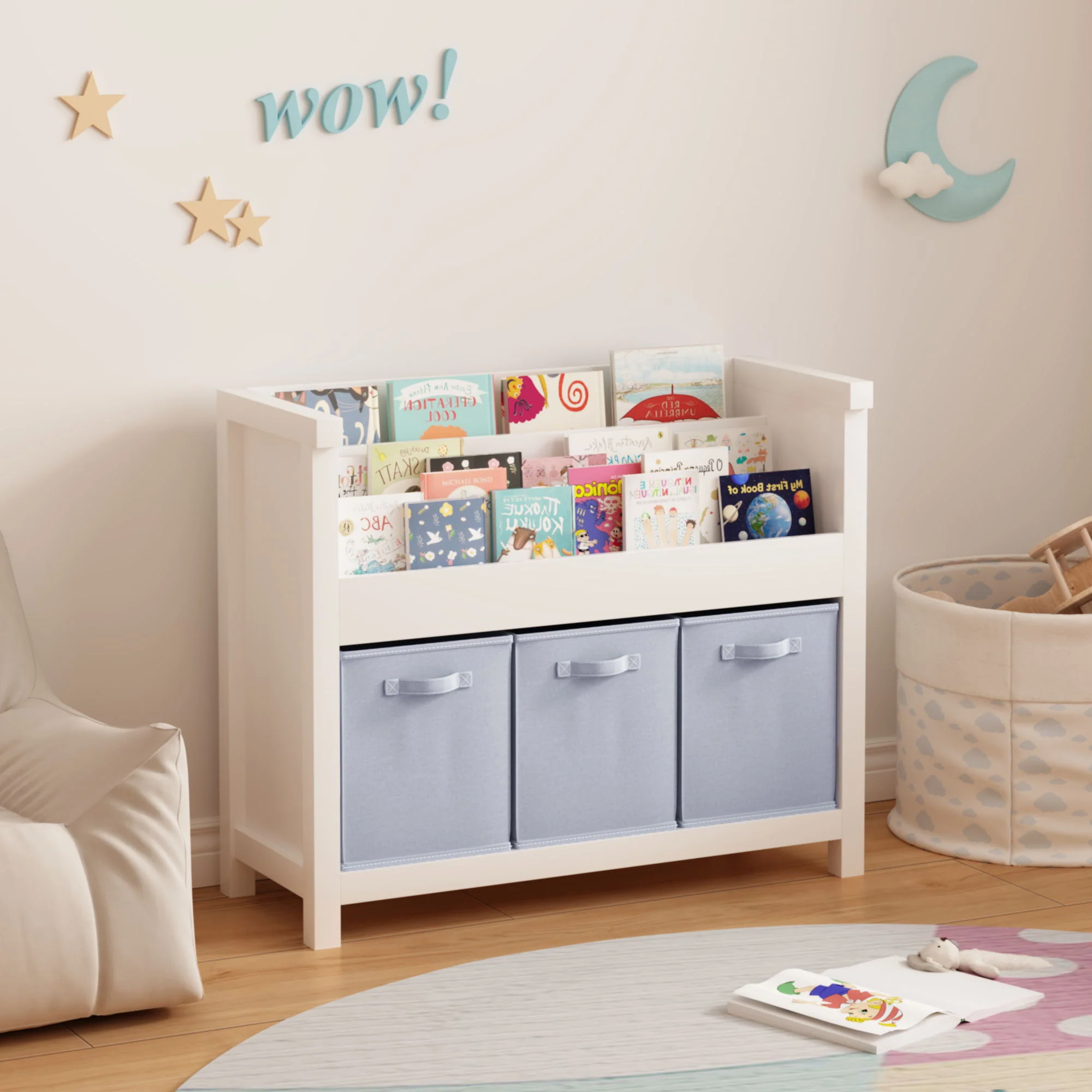 Bookshelf With 3 Tier Front Facing Storage And 3 Bins, Toddler Bookcase For Playroom - White - Image 8