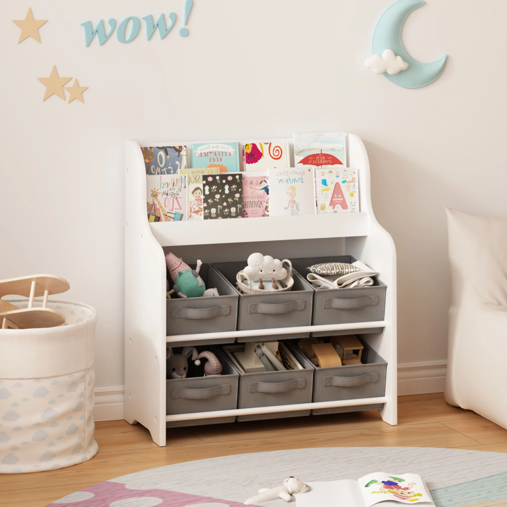 Bookshelf With 6 Storage Bins, Multi Functional Children's Bookcase And Toy Organizer - White - Image 3