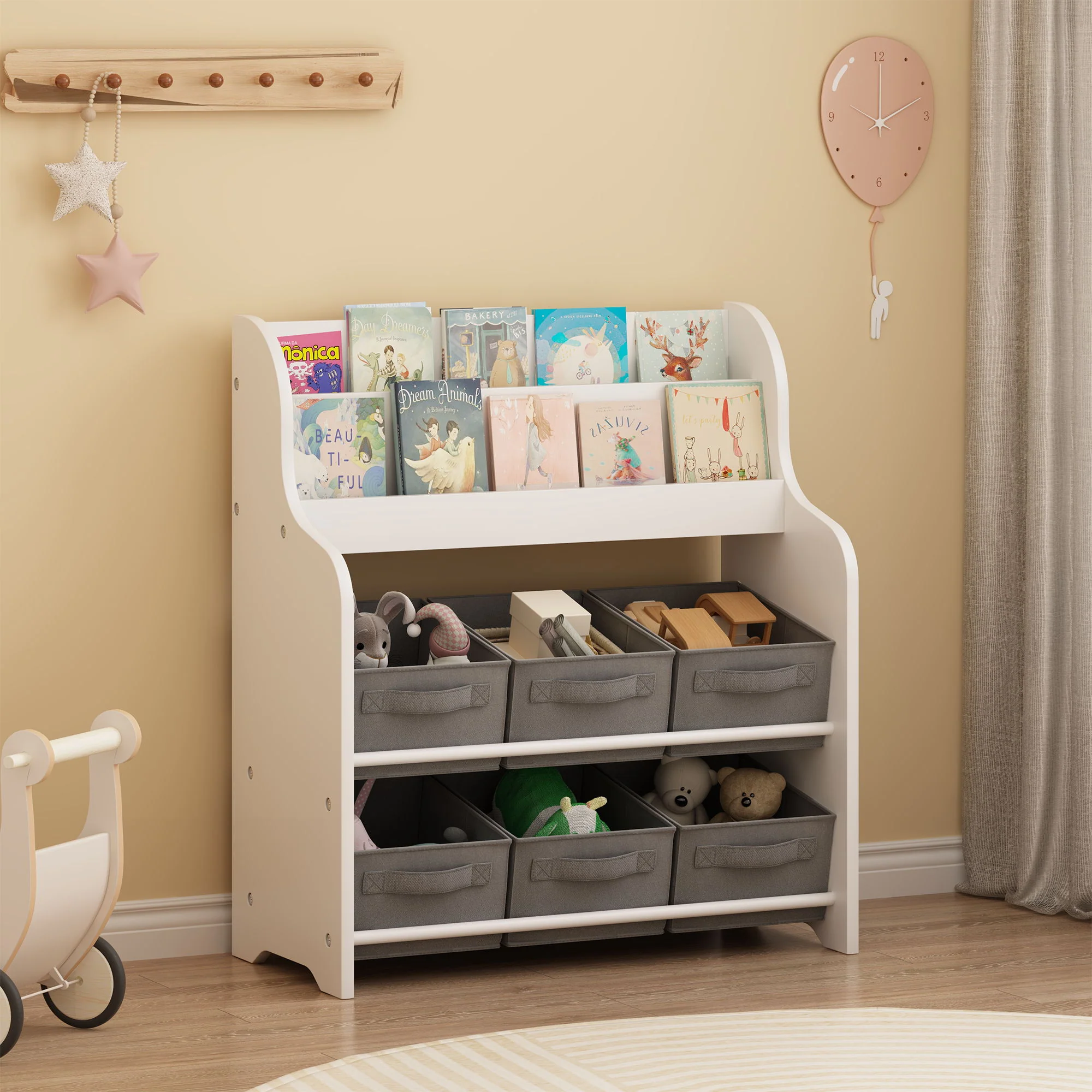 Bookshelf With 6 Storage Bins, Multi Functional Children's Bookcase And Toy Organizer - White - Image 6