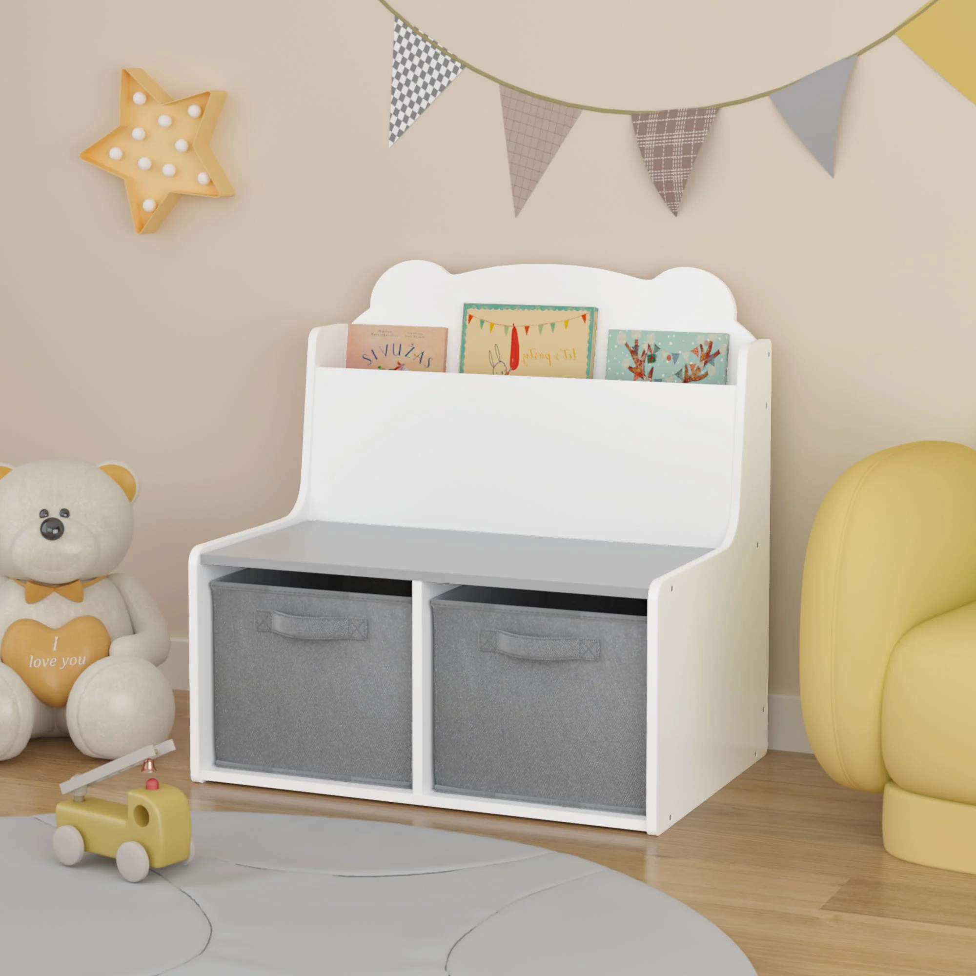 Bookshelf With Storage Bins, Bookcase With Book Display Shelf And 2 Bins, Cute Bear Shaped Backboard, Toy Organizer - White - Image 7