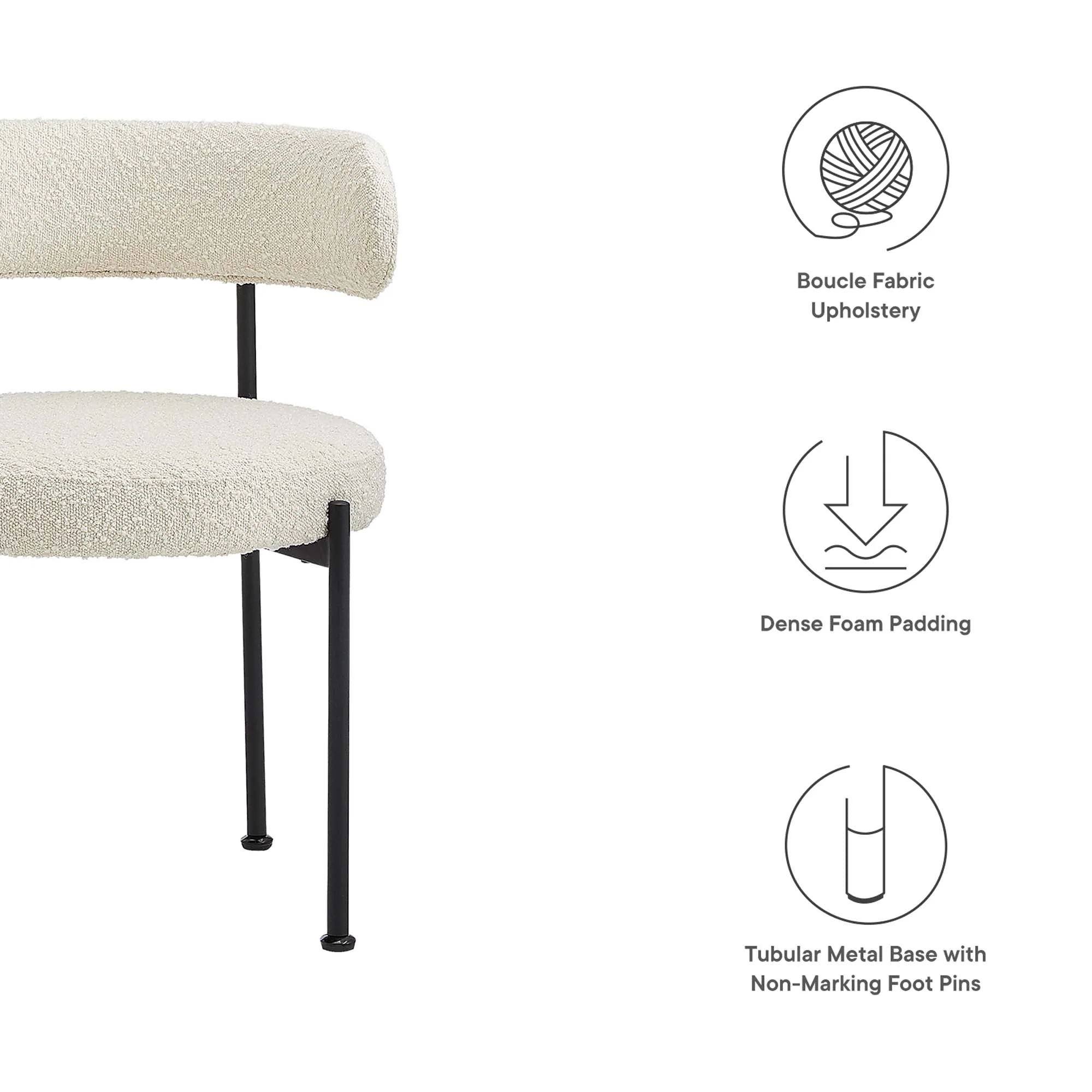 Boucle Fabric Dining Chair Set with Curved Back – Ivory Black Set of 2 - Image 10