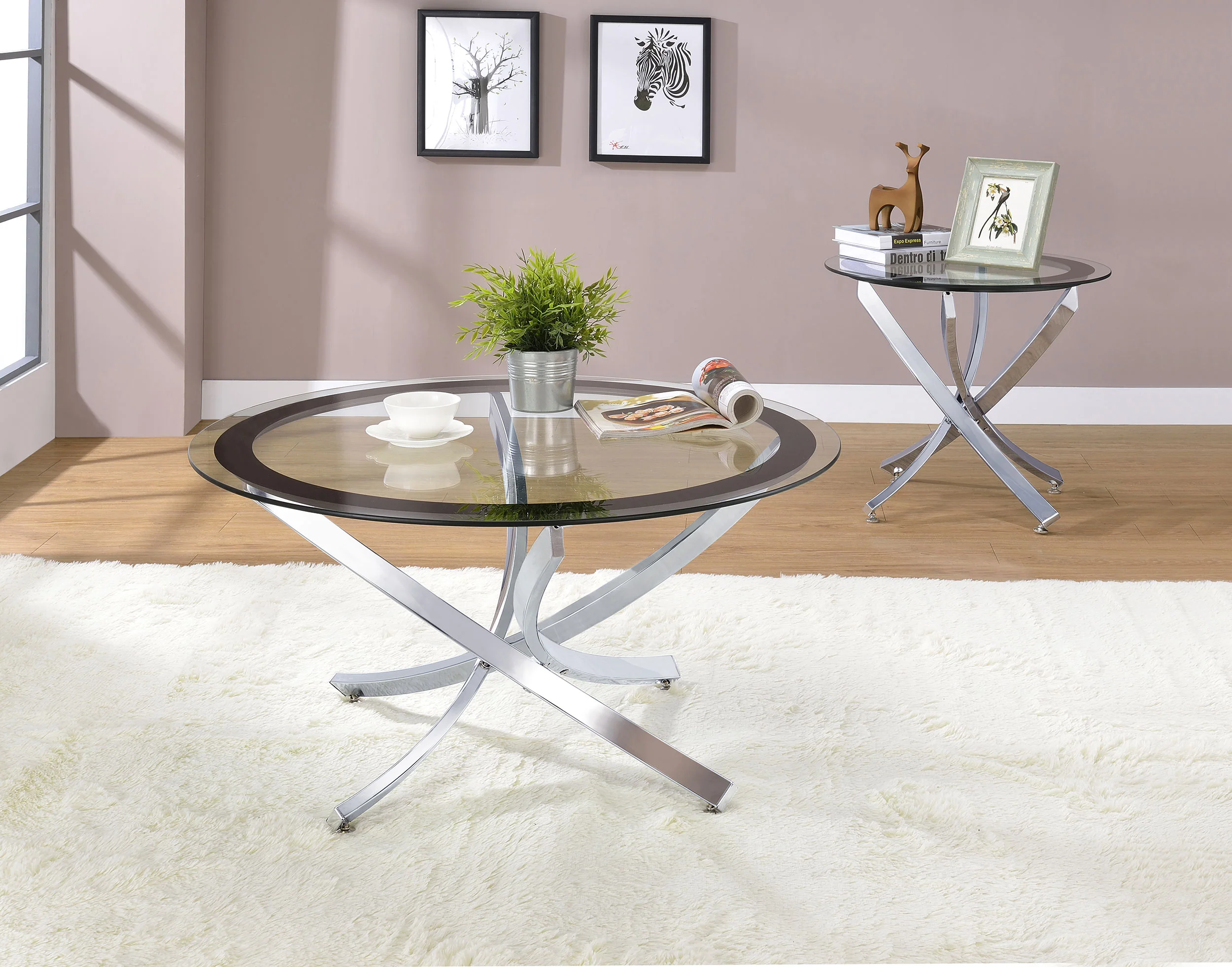 Brooke Round Glass Top Coffee Table Chrome Metal Base - Image 2