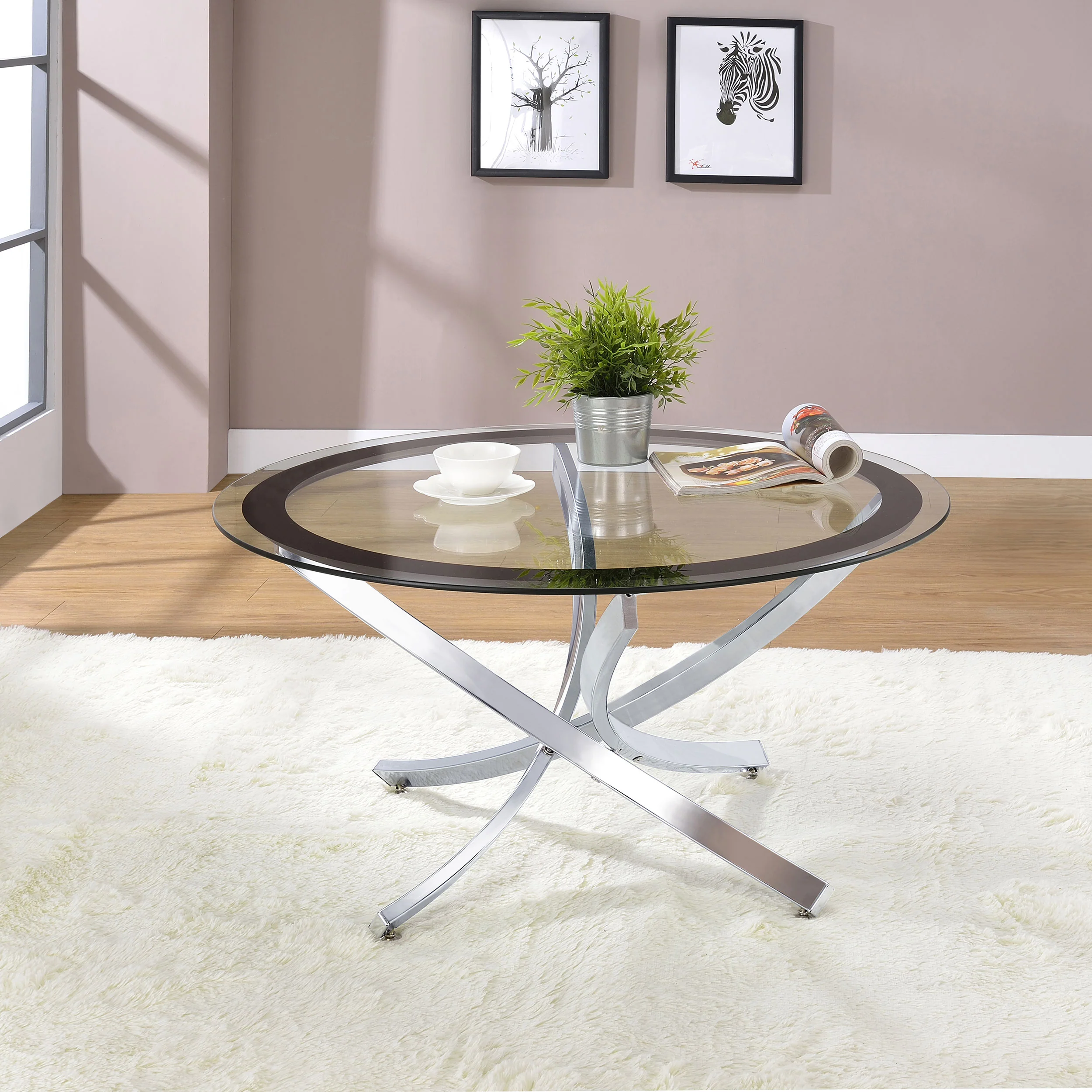 Brooke Round Glass Top Coffee Table Chrome Metal Base - Image 3
