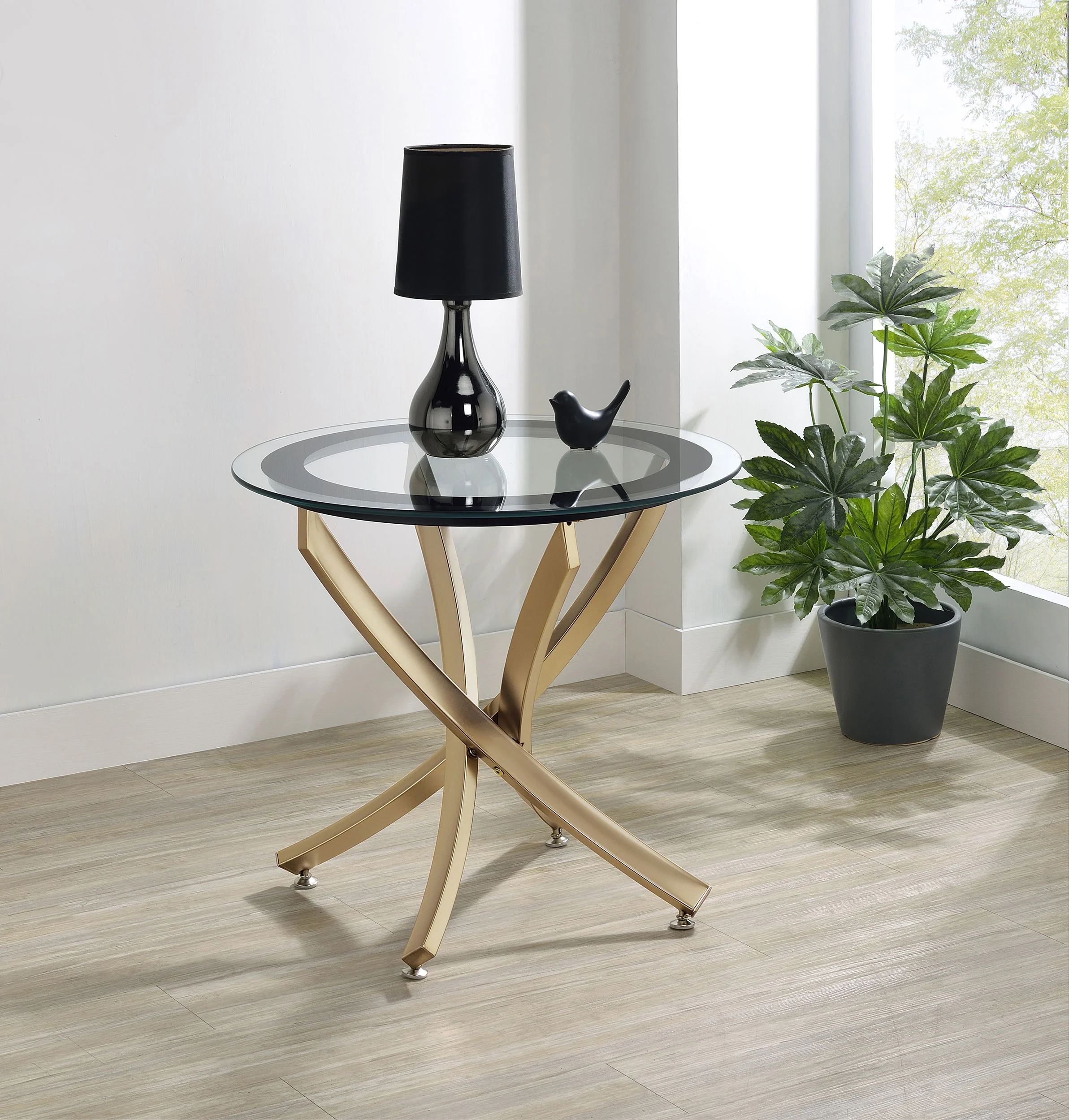 Brooke Round Glass Top Side Table with Rose Brass Metal Base - Image 3
