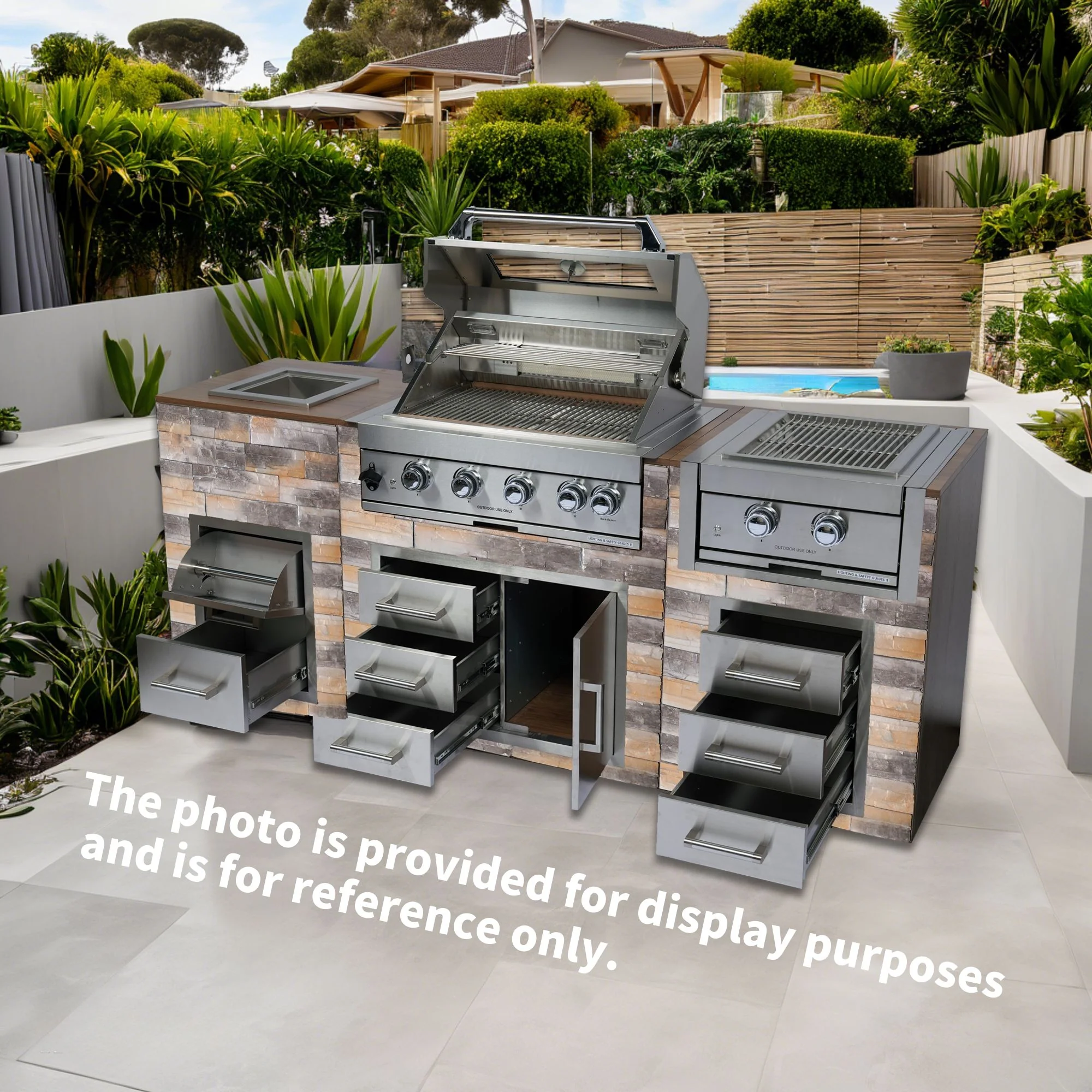 Built-In Outdoor Kitchen LPG Gas Grill 60000 Btu, Drop-In Ice Box With BBQ Tool Set - Silver - Image 6